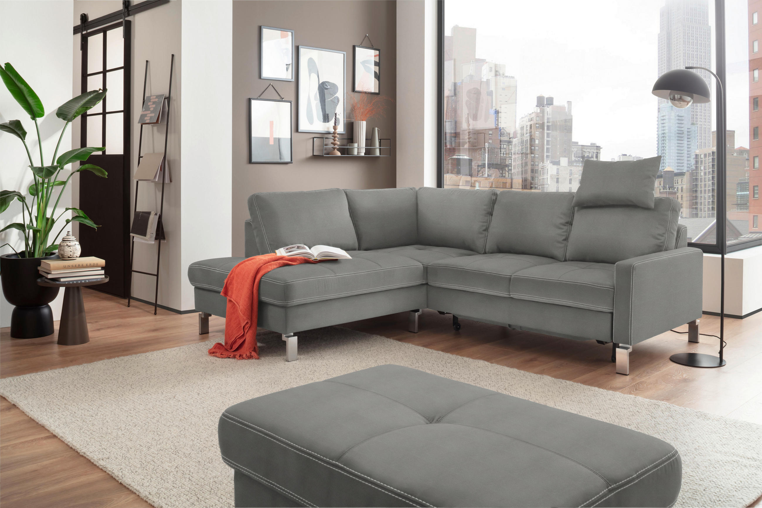 ECKSOFA in Mikrofaser Grau  200/229 cm  - Chromfarben/Beige, Design, Textil/Metall (200/229cm) - Pure Home Lifestyle