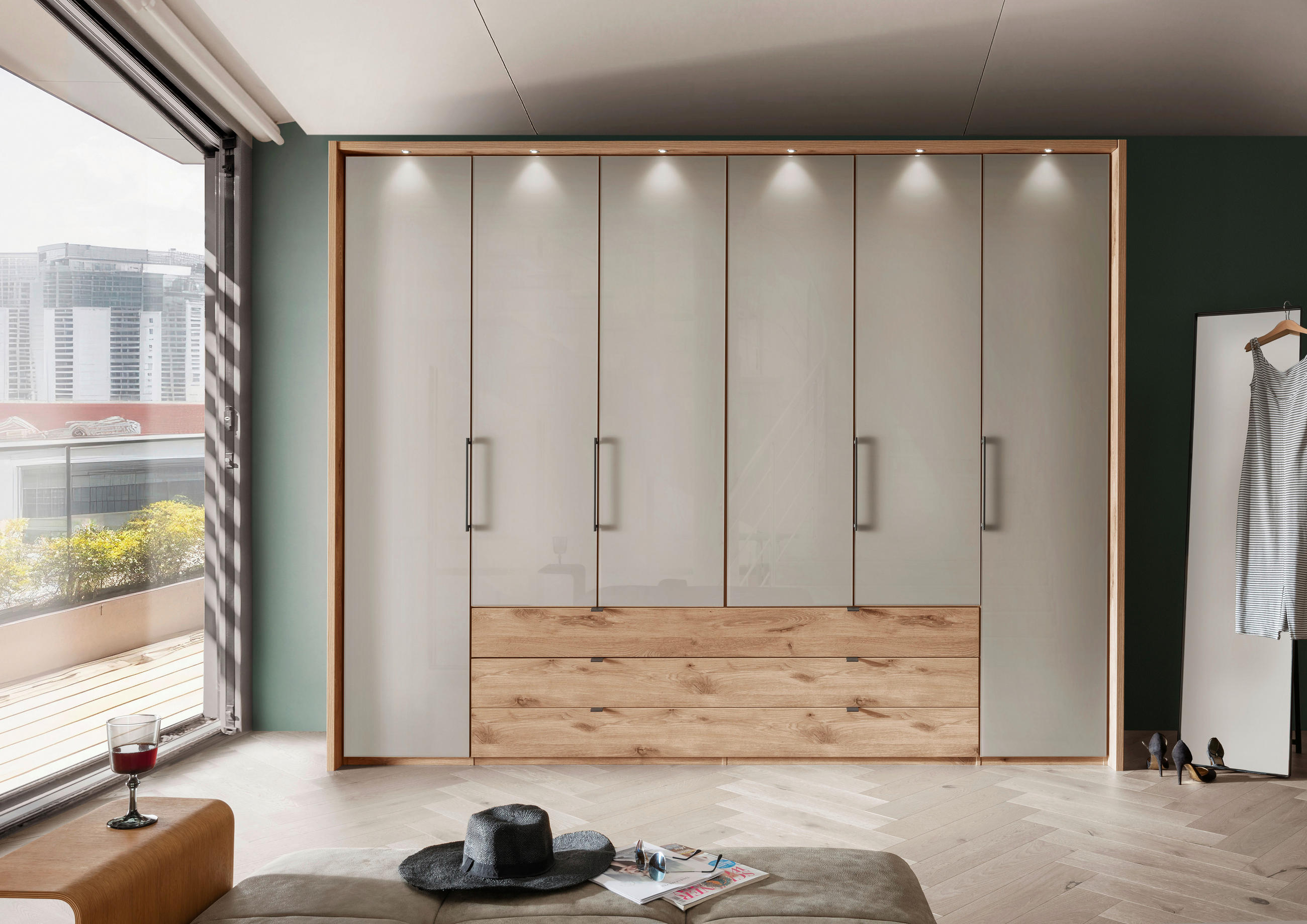 KLEIDERSCHRANK 300/236/58 cm 6-türig Grau, Eichefarben  - Schieferfarben/Eichefarben, KONVENTIONELL, Glas/Holzwerkstoff (300/236/58cm) - Novel