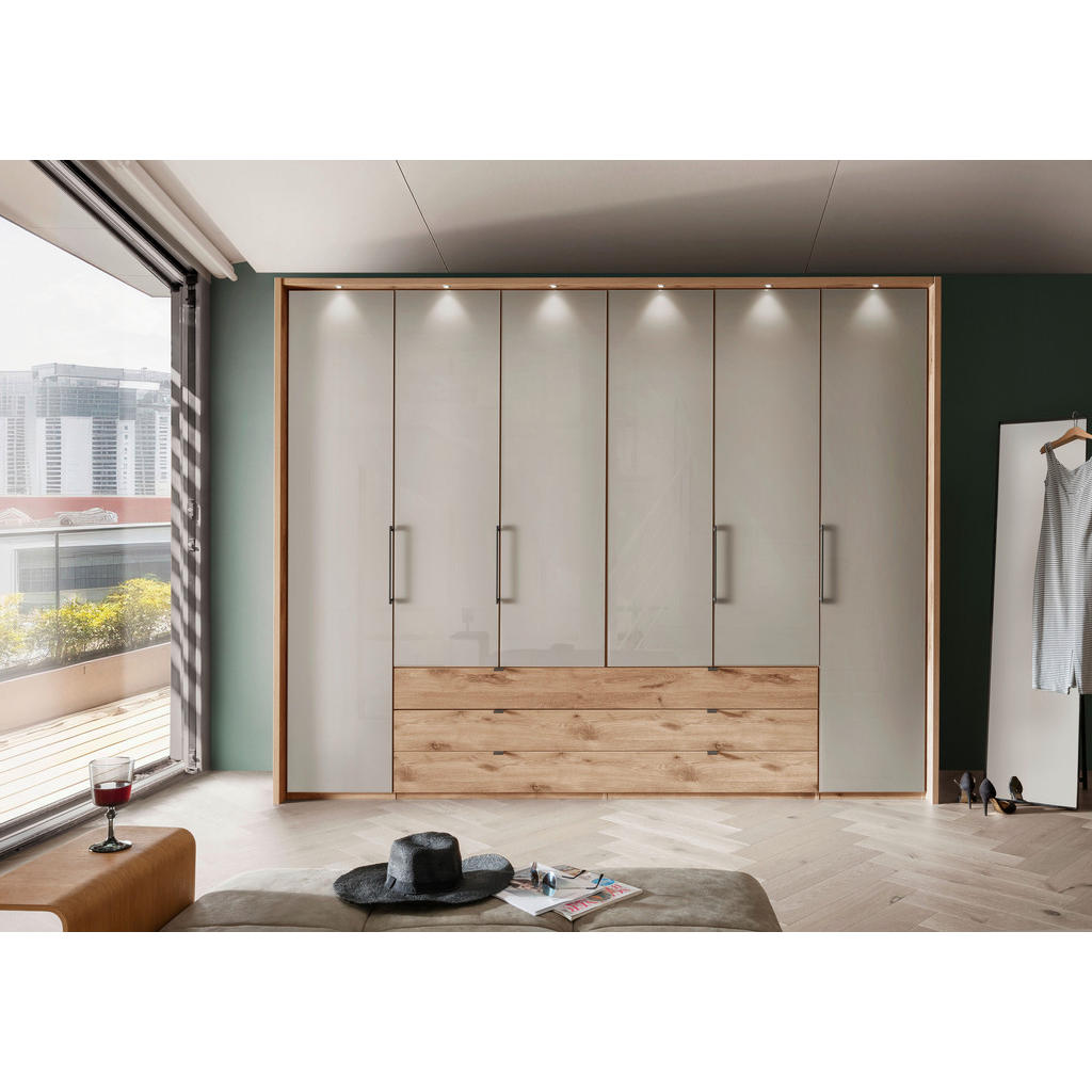Thumbnail - Novel Kleiderschrank, Grau, Eiche, Metall, 8 Fächer, 3 Schubladen, 300x236x58 cm, DIN EN ISO 9001, Made in Germany, Gold...