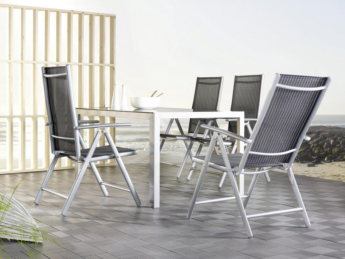 SCAUN PLIANT DE EXTERIOR in metal, textil negru, argintiu, alb  - argintiu/alb, Basics, metal/textil (56/106/64cm) - Xora