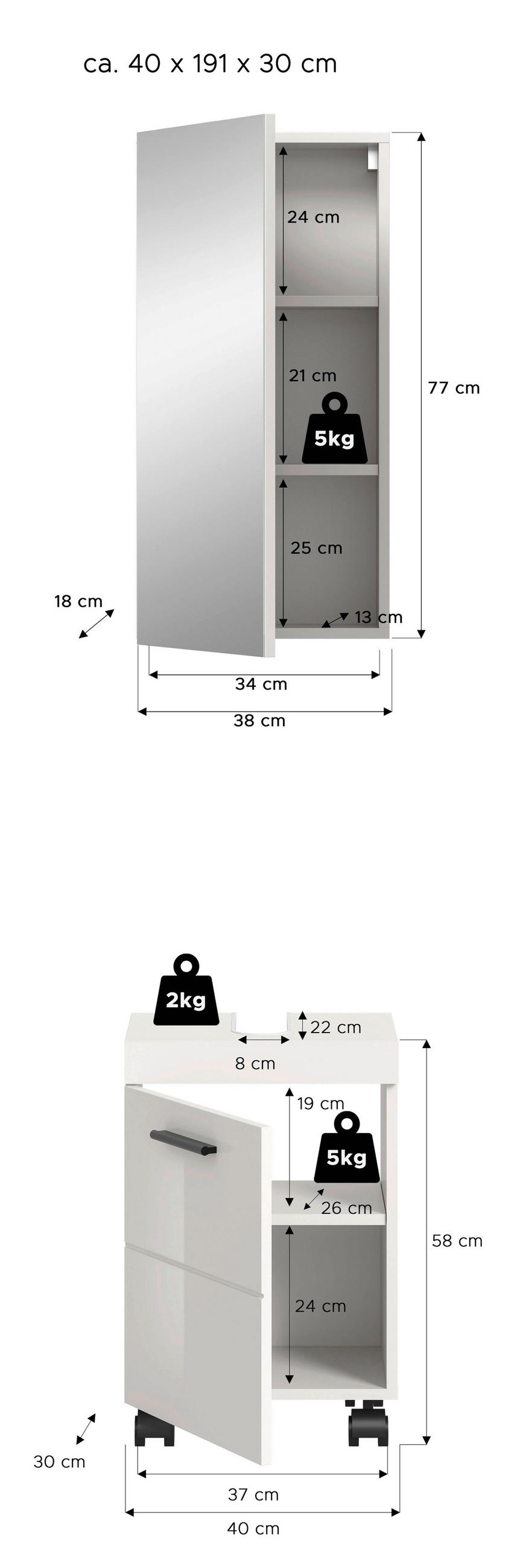 BADEZIMMER 2-teilig  in 40 cm  - Weiß Hochglanz/Schwarz, Trend, Glas/Holzwerkstoff (40cm) - MID.YOU