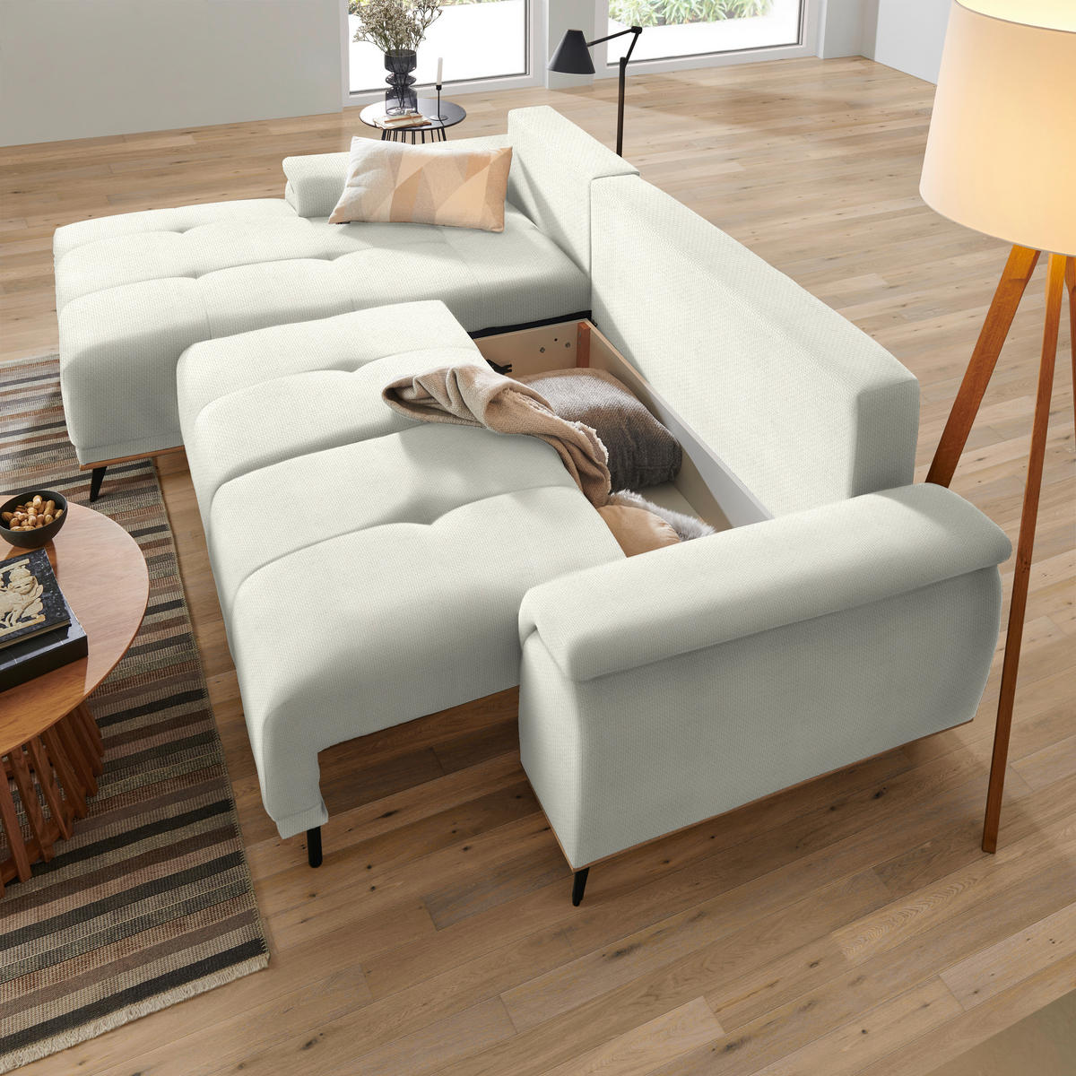 ECKSOFA in Struktur Weiss  - Weiss/Schwarz, Modern, Textil/Metall (168/262cm) - home24
