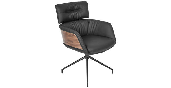 ARMLEHNSTUHL  Lederauswahl, Wippfunktion, Sitzfläche 360° drehbar, automatische Rückholfunktion  Echtleder  - Walnussfarben/Schwarz, Design, Leder/Holz (62/92/66cm) - Dieter Knoll