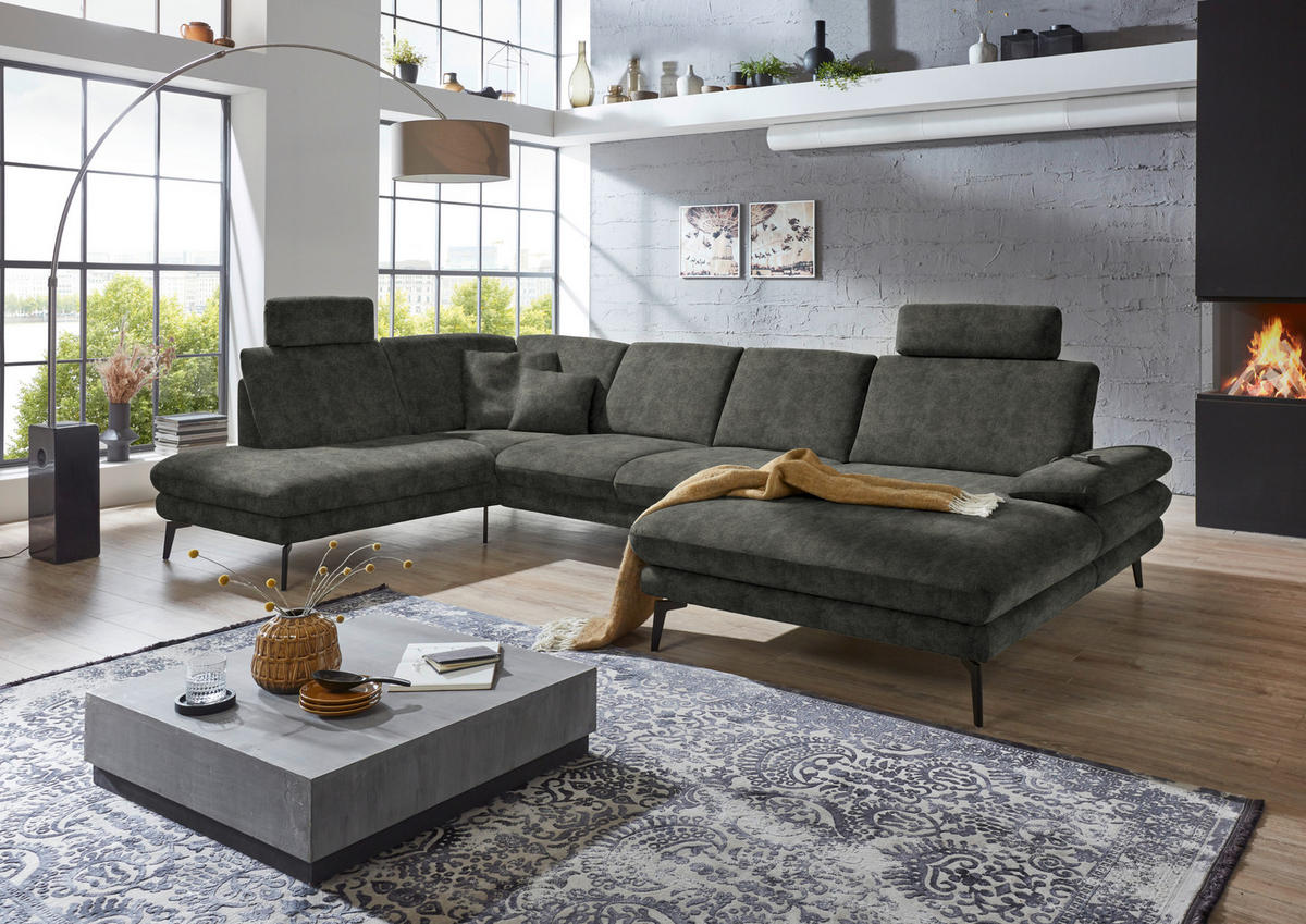 WOHNLANDSCHAFT in Velours Dunkelgrau  - Dunkelgrau/Schwarz, Design, Textil/Metall (208/344/180cm) - Dieter Knoll