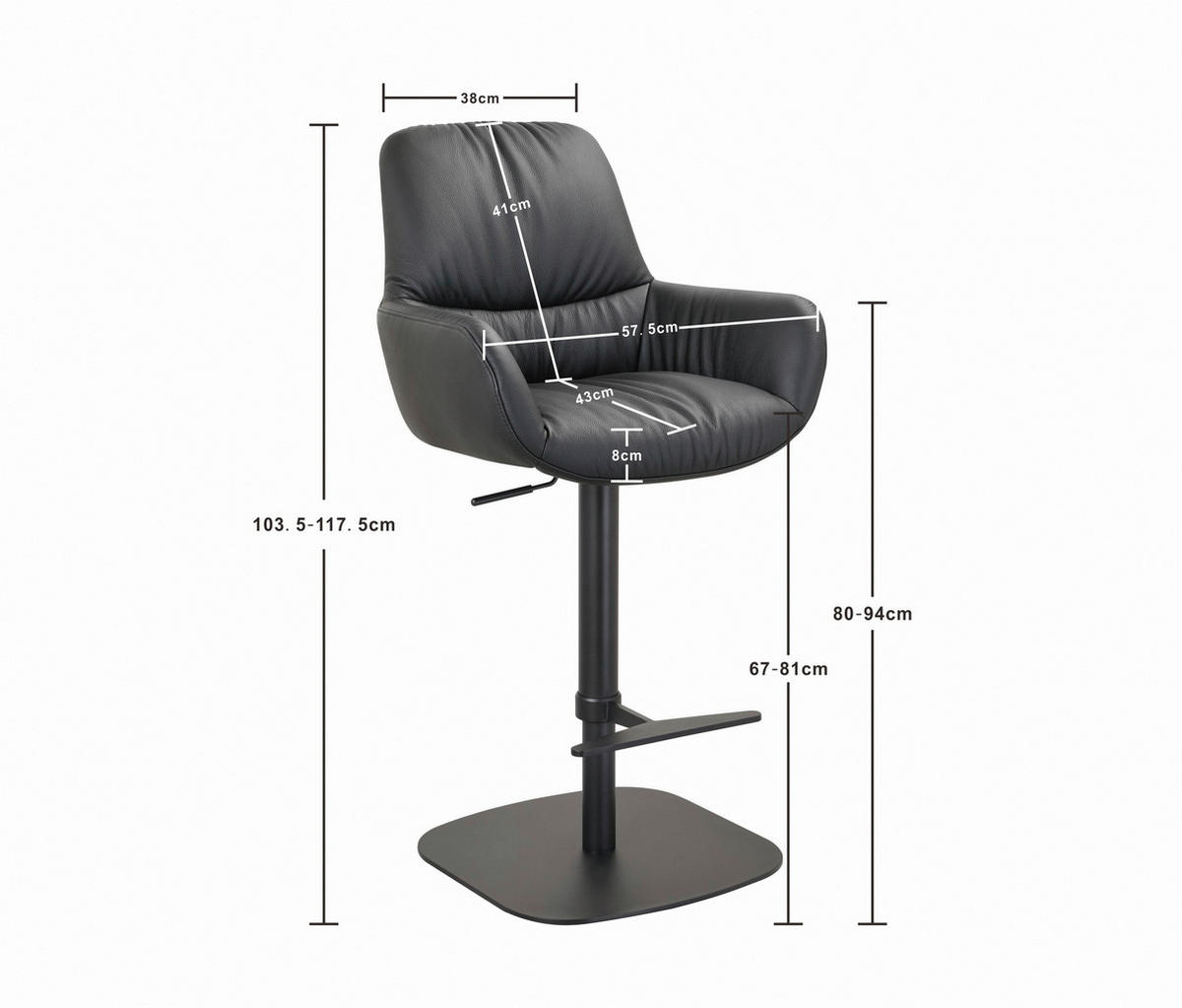 BARHOCKER Echtleder Schwarz Eisen Sitzfläche 360° drehbar, inklusive Armlehnen, automatische Rückholfunktion  - Schwarz, Design, Leder/Metall (57,5/117/59,5cm) - Dieter Knoll