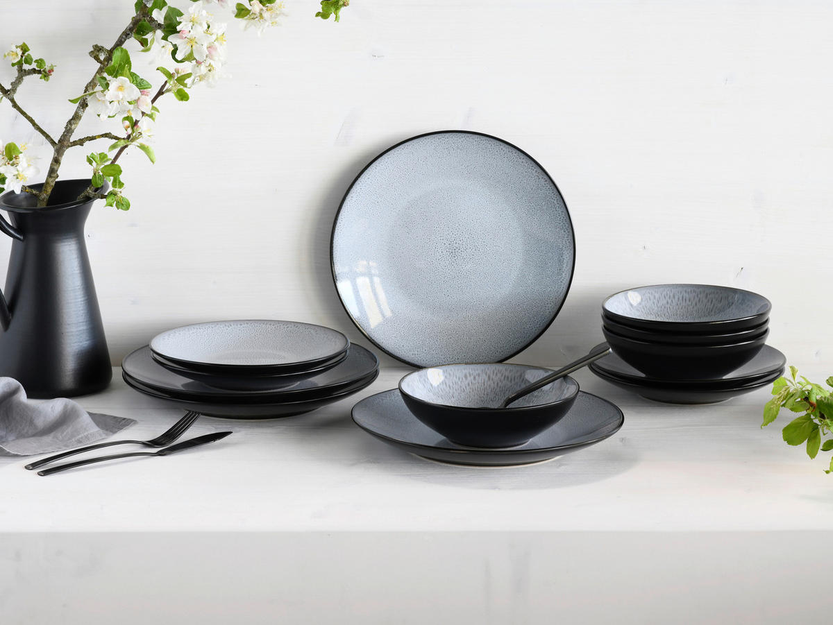 TAFELSERVICE Malmö 12-teilig  - Grauweiß/Schwarz, Basics, Keramik - Creatable