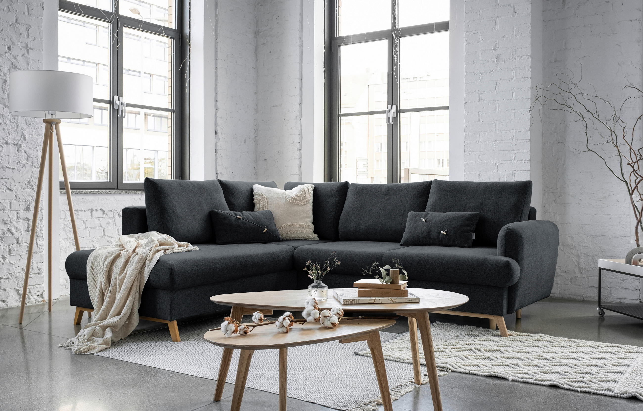 ECKSOFA in Chenille Dunkelgrau  - Dunkelgrau/Naturfarben, Holz/Textil (202/242cm) - MID.YOU