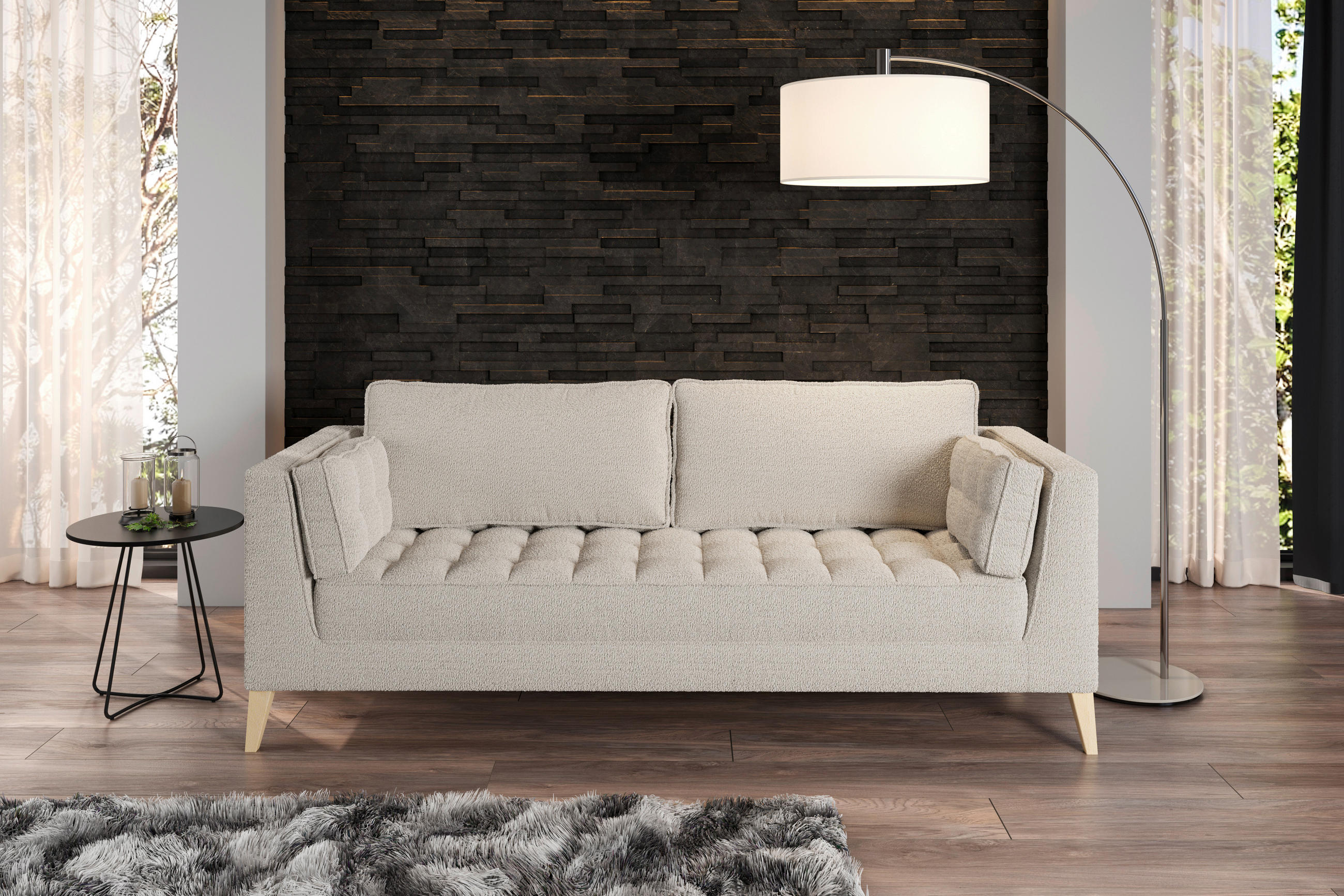 3-SITZER-SOFA in Bouclé Weiss  - Weiss/Naturfarben, Design, Holzwerkstoff/Textil (170/95/85cm) - MID.YOU