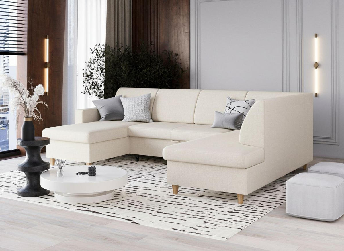 WOHNLANDSCHAFT Bouclé Creme  - Buchefarben/Creme, Design, Holz/Holzwerkstoff (310/160/145cm) - MID.YOU