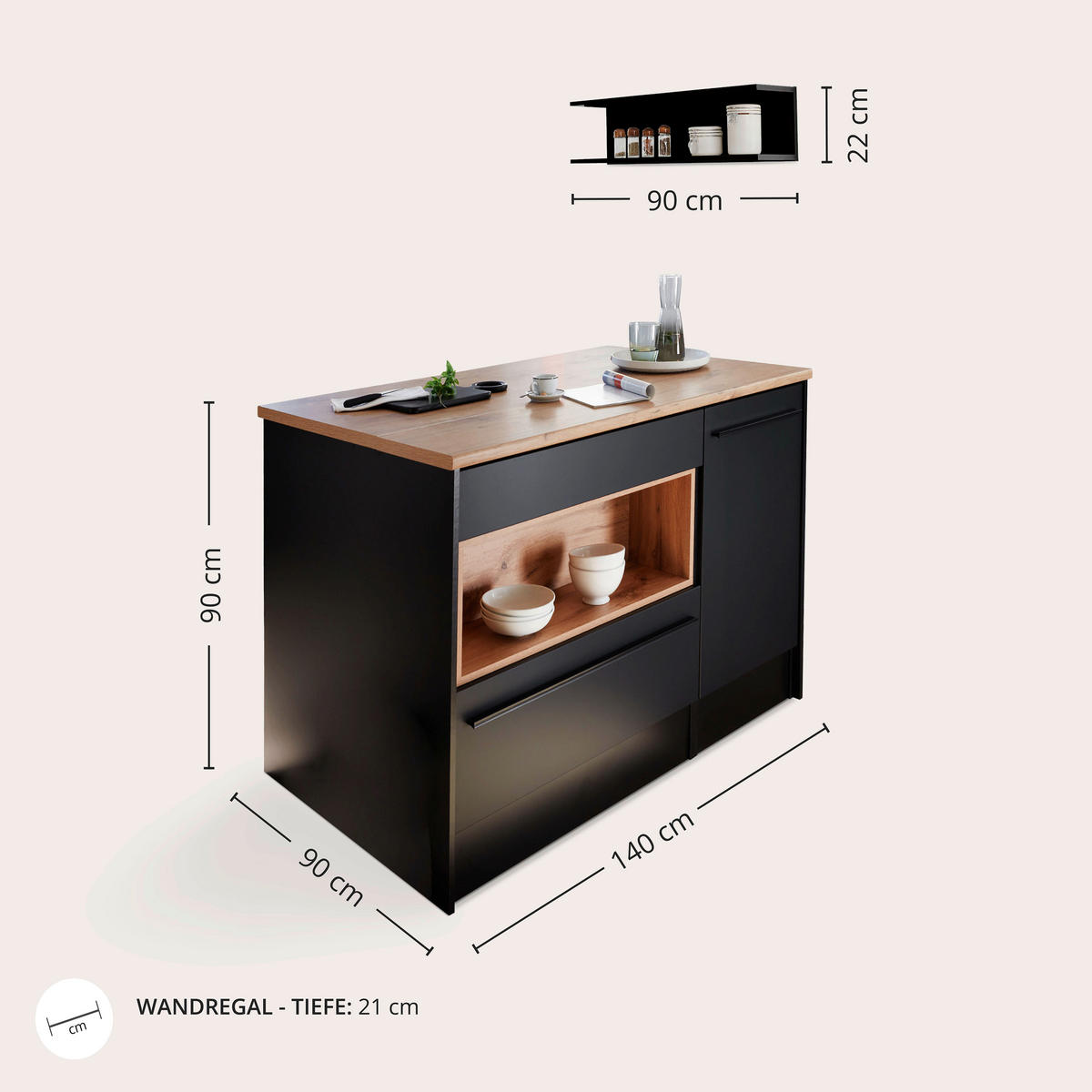 KONYHASZIGET 145/90/90 cm  - tölgyfa színű/fekete, Konventionell, műanyag/faalapú anyag (145/90/90cm) - MID.YOU
