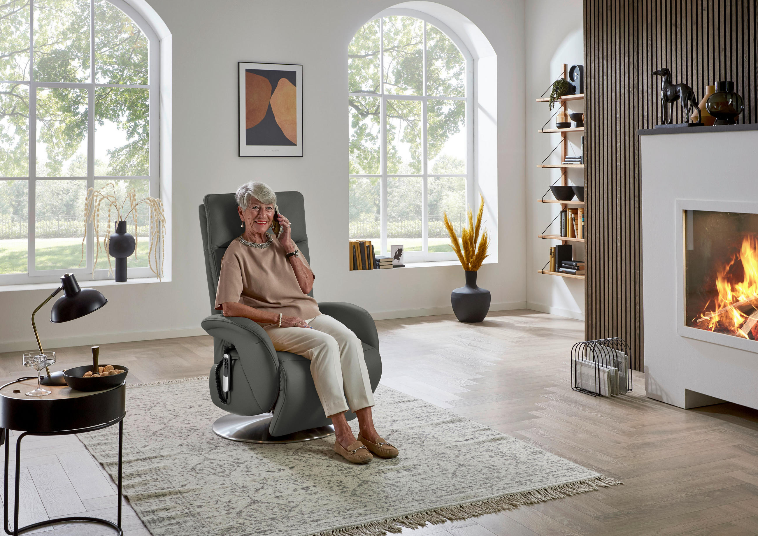 RELAXSESSEL in Leder Dunkelgrau  - Edelstahlfarben/Dunkelgrau, Design, Leder/Metall (70/108/80cm) - Cantus