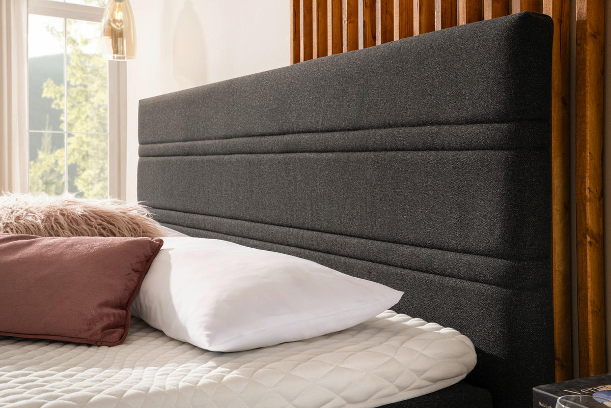 BOXSPRINGBETT 180/200 cm,  in Dunkelgrau, Matratze, Kissen, gepolstertes Kopfteil, Topper, H2 + H3 = mittel + fest  - Dunkelgrau/Schwarz, KONVENTIONELL, Holz/Textil (180/200cm) - Novel