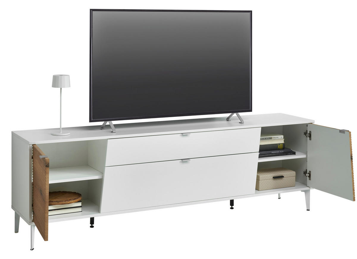 LOWBOARD Weiß, Eichefarben  197/62/40 cm  - Eichefarben/Silberfarben, KONVENTIONELL, Holzwerkstoff/Metall (197/62/40cm) - Stylife