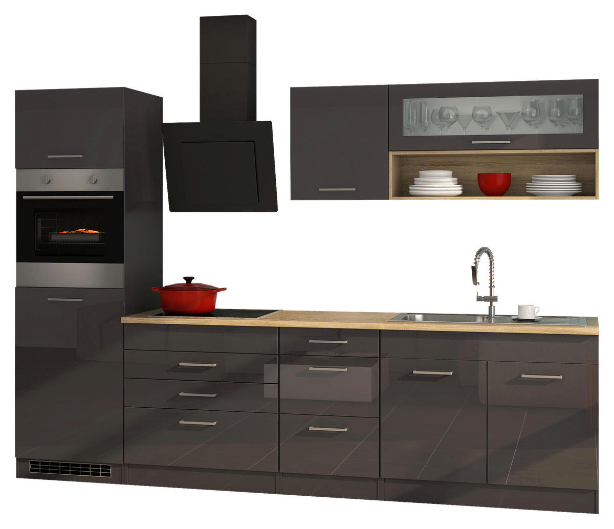 KÜCHENBLOCK 290 cm   Anthrazit, Eichefarben, Anthrazit Hochglanz  - Chromfarben/Eichefarben, Modern, Holzwerkstoff/Metall (290cm) - Held