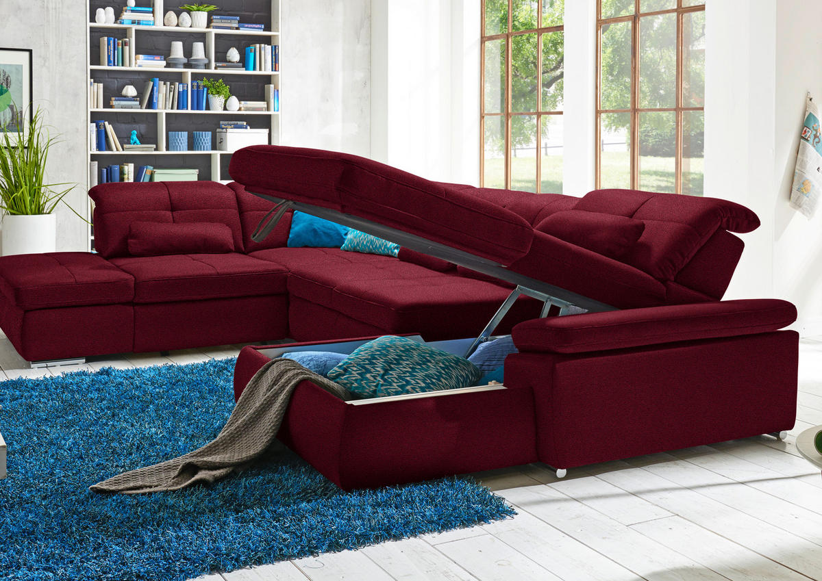 WOHNLANDSCHAFT  in Mikrofaser Weinrot  - Chromfarben/Weinrot, Design, Holzwerkstoff/Textil (260/371/195cm) - Beldomo Style