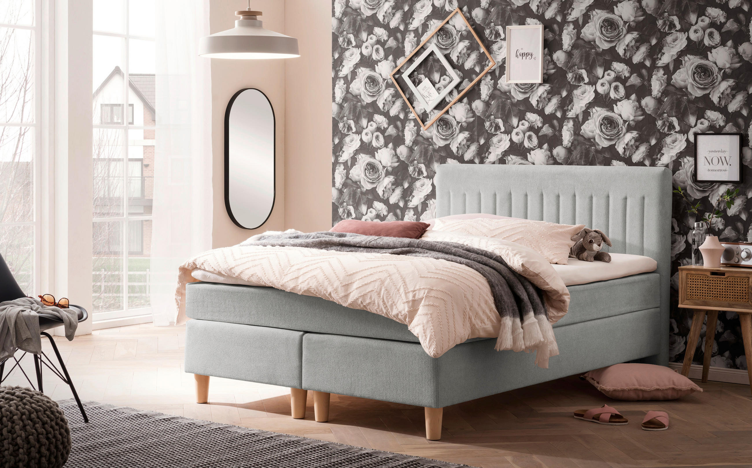 BOXSPRINGBETT 140/200 cm  in Graubraun  - Graubraun/Buchefarben, Basics, Holz/Textil (140/200cm) - Boxxx