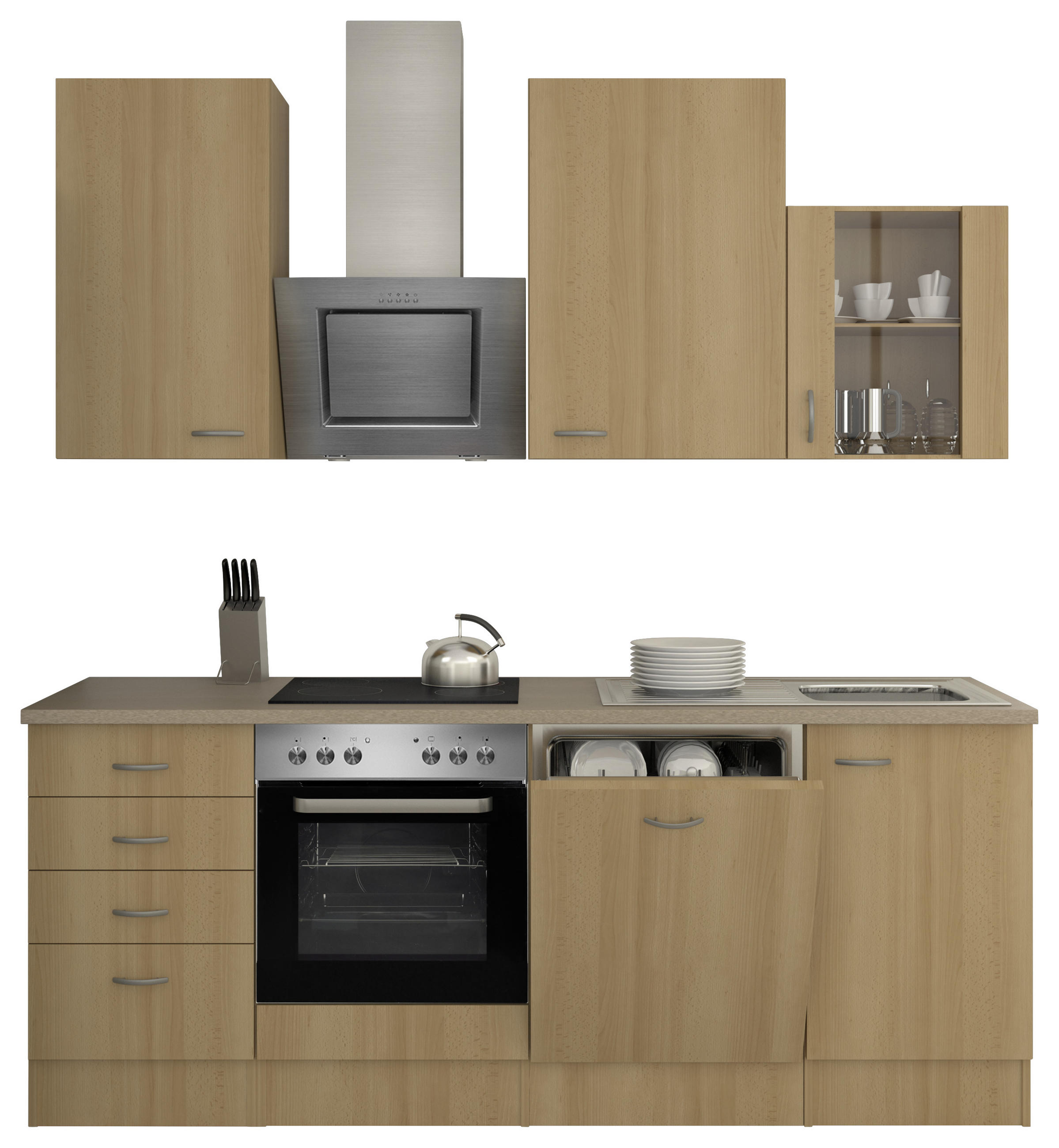 KÜCHENBLOCK 220 cm in Buchefarben, Edelstahlfarben, Hellbraun - Hellbraun/Edelstahlfarben, MODERN, Glas/Metall (220cm) - MID.YOU