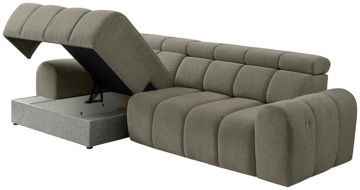 ECKSOFA Graubraun Chenille Bettkasten, Rücken echt, Relaxfunktion, Kopfteilverstellung  - Graubraun/Schwarz, Design, Kunststoff/Textil (152/290cm) - Stylife