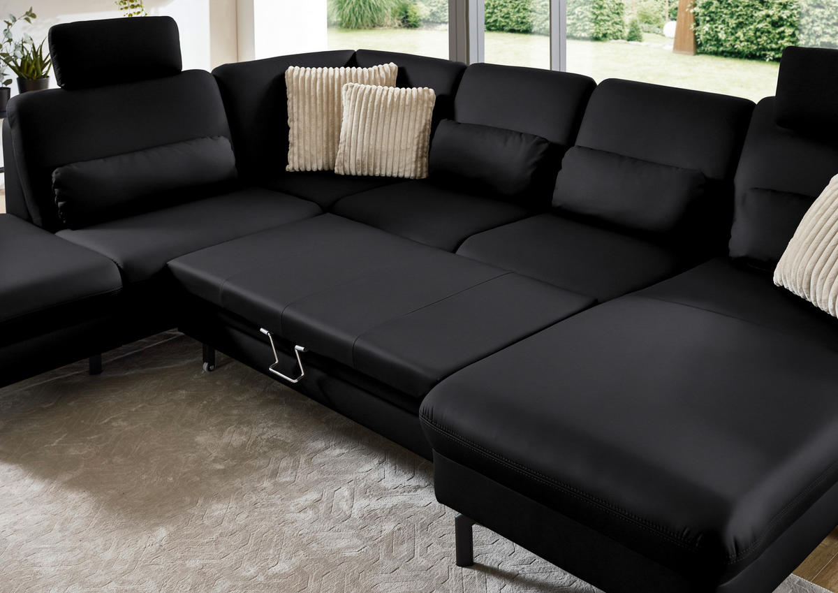 WOHNLANDSCHAFT Echtleder Schwarz  - Schwarz, Konventionell, Leder/Metall (224/306/168cm) - Beldomo Premium
