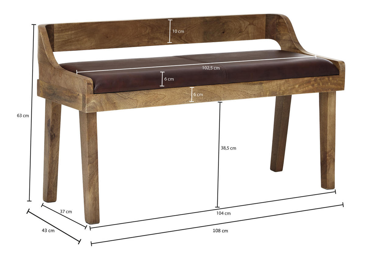 SITZBANK in Holz Braun  - Braun, Modern, Leder/Holz (108/63/43cm) - MID.YOU