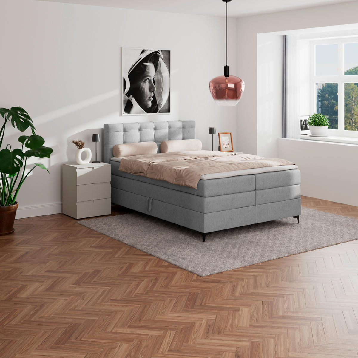 BOXSPRINGBETT 140/200 cm,  in Hellgrau, H3 = fest  - Hellgrau/Schwarz, KONVENTIONELL, Kunststoff/Textil (140/200cm)