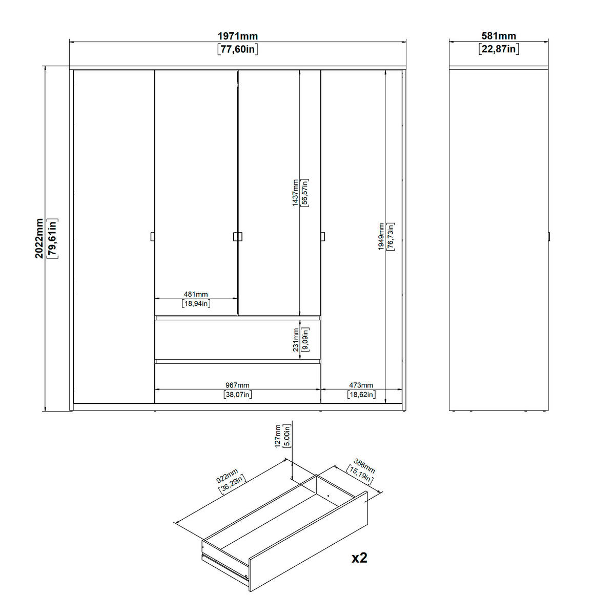 DREHTÜRENSCHRANK 197/202/58 cm 4-türig Eichefarben, Weiß  - Eichefarben/Weiß, KONVENTIONELL, Holzwerkstoff/Metall (197/202/58cm) - Boxxx