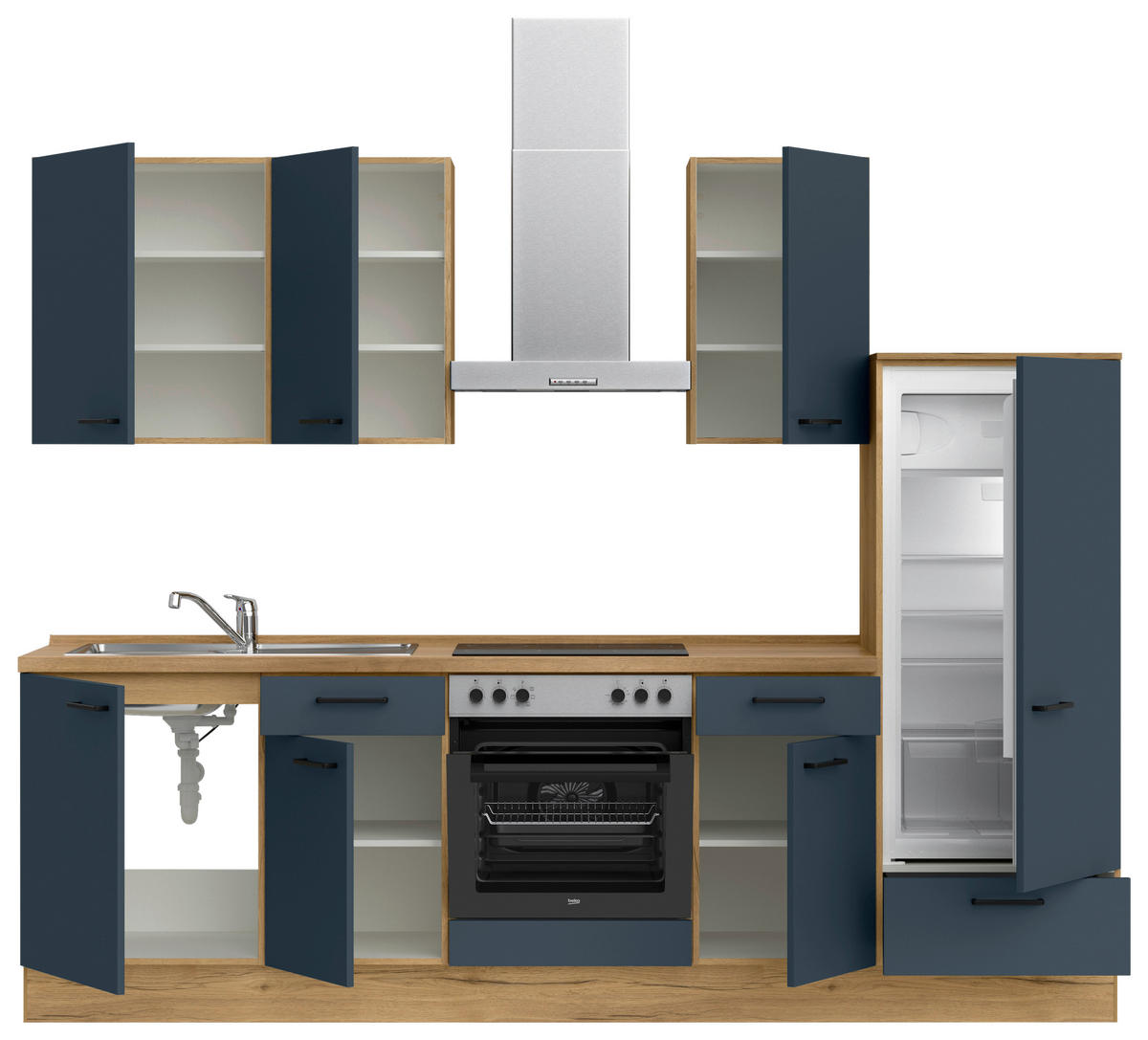 KÜCHENBLOCK Easytouch 270 cm  in Blau, Eichefarben  - Blau/Eichefarben, MODERN, Holzwerkstoff/Metall (270cm) - Nobilia