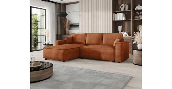 ECKSOFA Rostfarben Cord Zierkissen, Rückenkissen, Bettkasten, Schlaffunktion, Rücken echt, Liegefläche im Originalstoff  - Rostfarben/Schwarz, MODERN, Kunststoff/Textil (190/280cm) - Carryhome