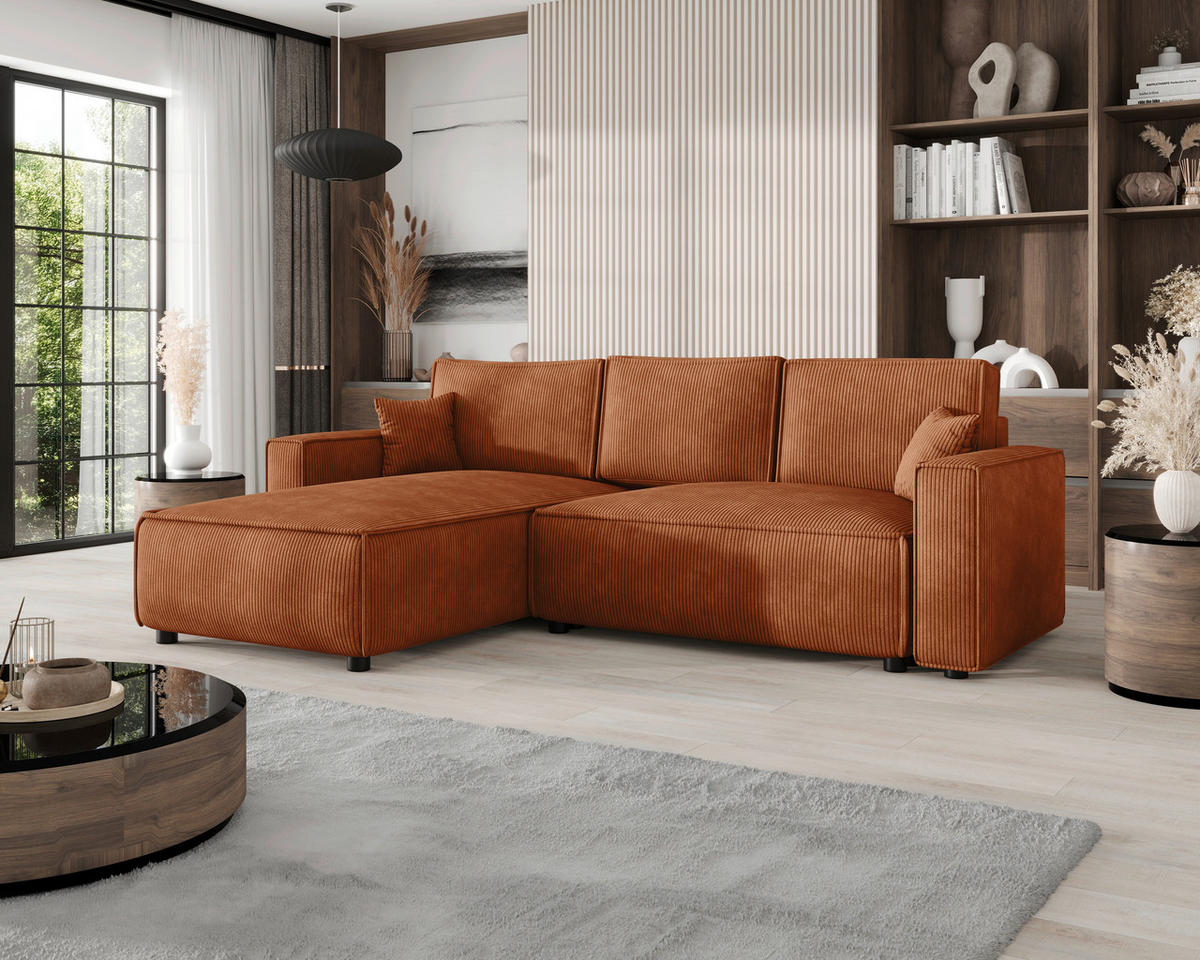 ECKSOFA Rostfarben Cord Zierkissen, Rückenkissen, Bettkasten, Schlaffunktion, Rücken echt, Liegefläche im Originalstoff  - Rostfarben/Schwarz, MODERN, Kunststoff/Textil (190/280cm) - Carryhome