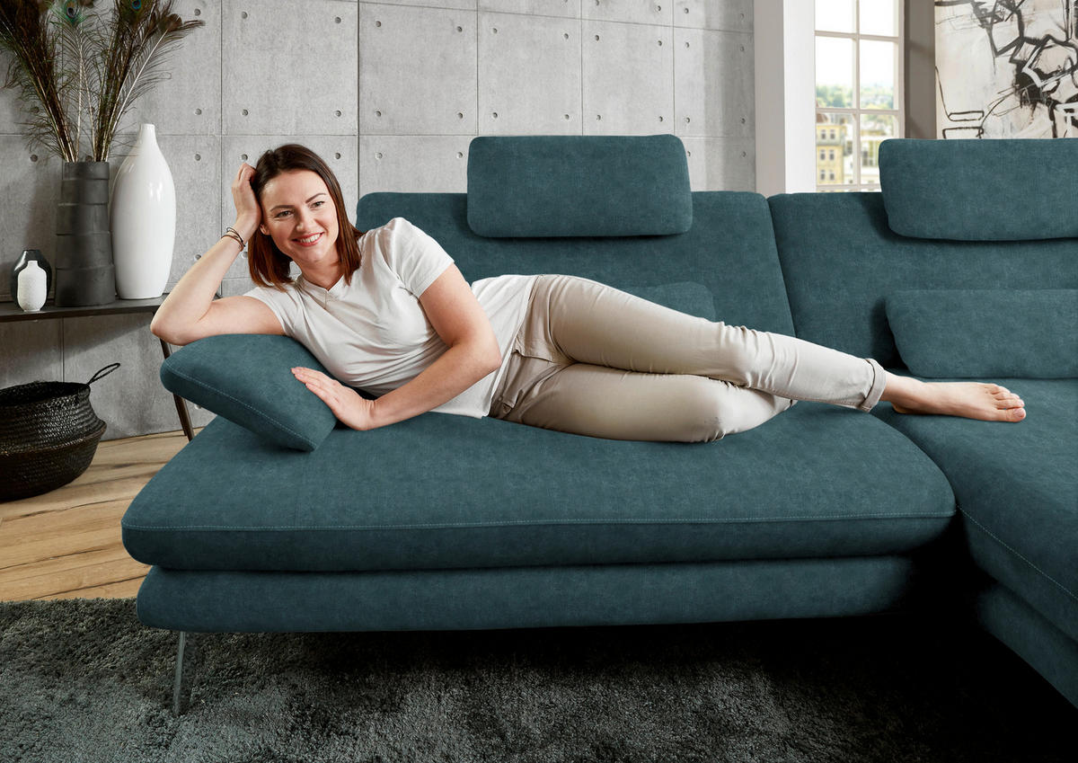 ECKSOFA in Velours Petrol  - Petrol/Schwarz, Design, Textil/Metall (284/184cm) - Dieter Knoll