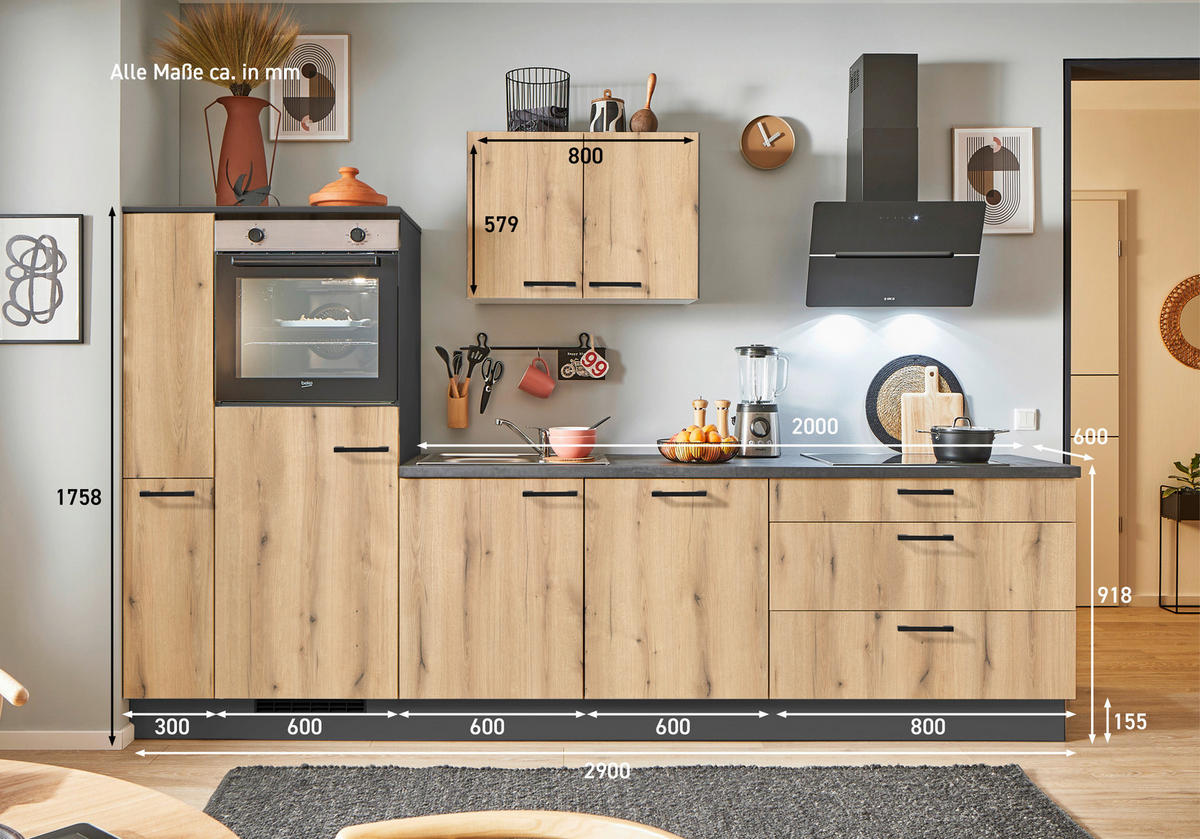 KÜCHENBLOCK PN 100 290 cm  in Graphitfarben, Eichefarben  - Eichefarben/Schwarz, Design, Holzwerkstoff/Metall (290cm) - Pino