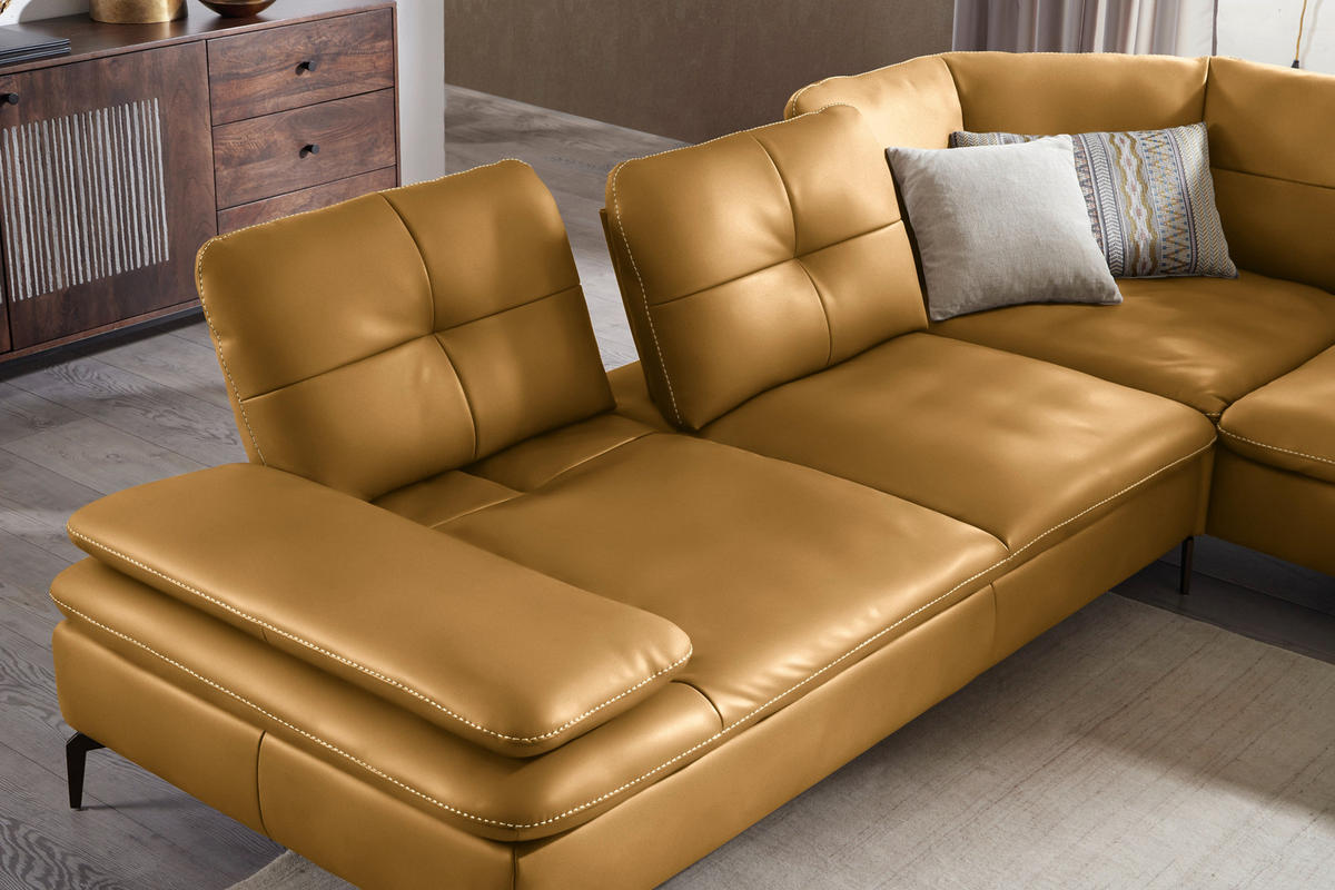 ECKSOFA in Echtleder Currygelb  - Currygelb/Beige, Design, Leder/Metall (298/298cm) - Chilliano