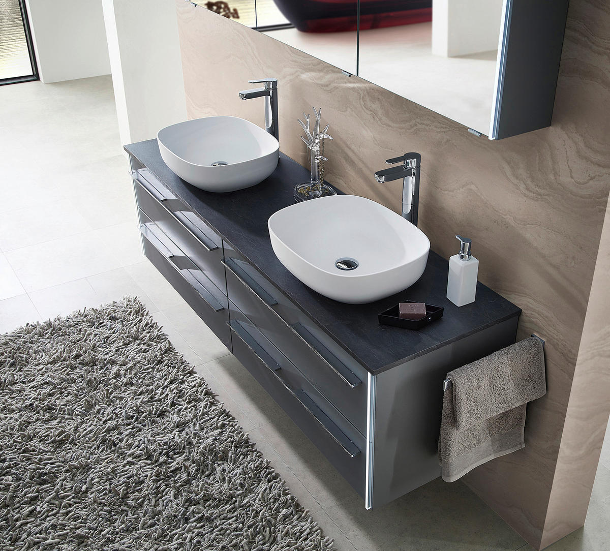 WASCHTISCHKOMBI 174 cm  - Chromfarben/Dunkelgrau, Design, Glas/Holzwerkstoff (174cm) - Leonardo Living