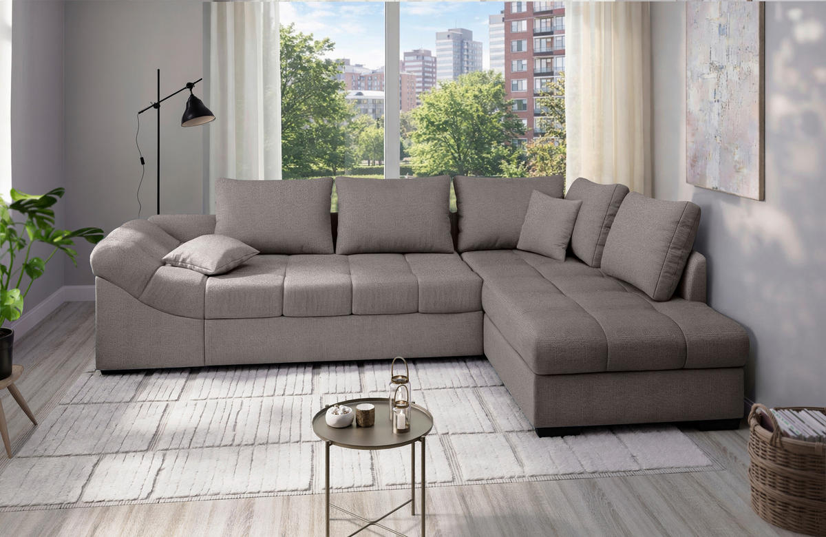 ECKSCHLAFSOFA in Graubraun Textil   - Graubraun/Schwarz, Modern, Holz/Textil (298/202cm) - MID.YOU