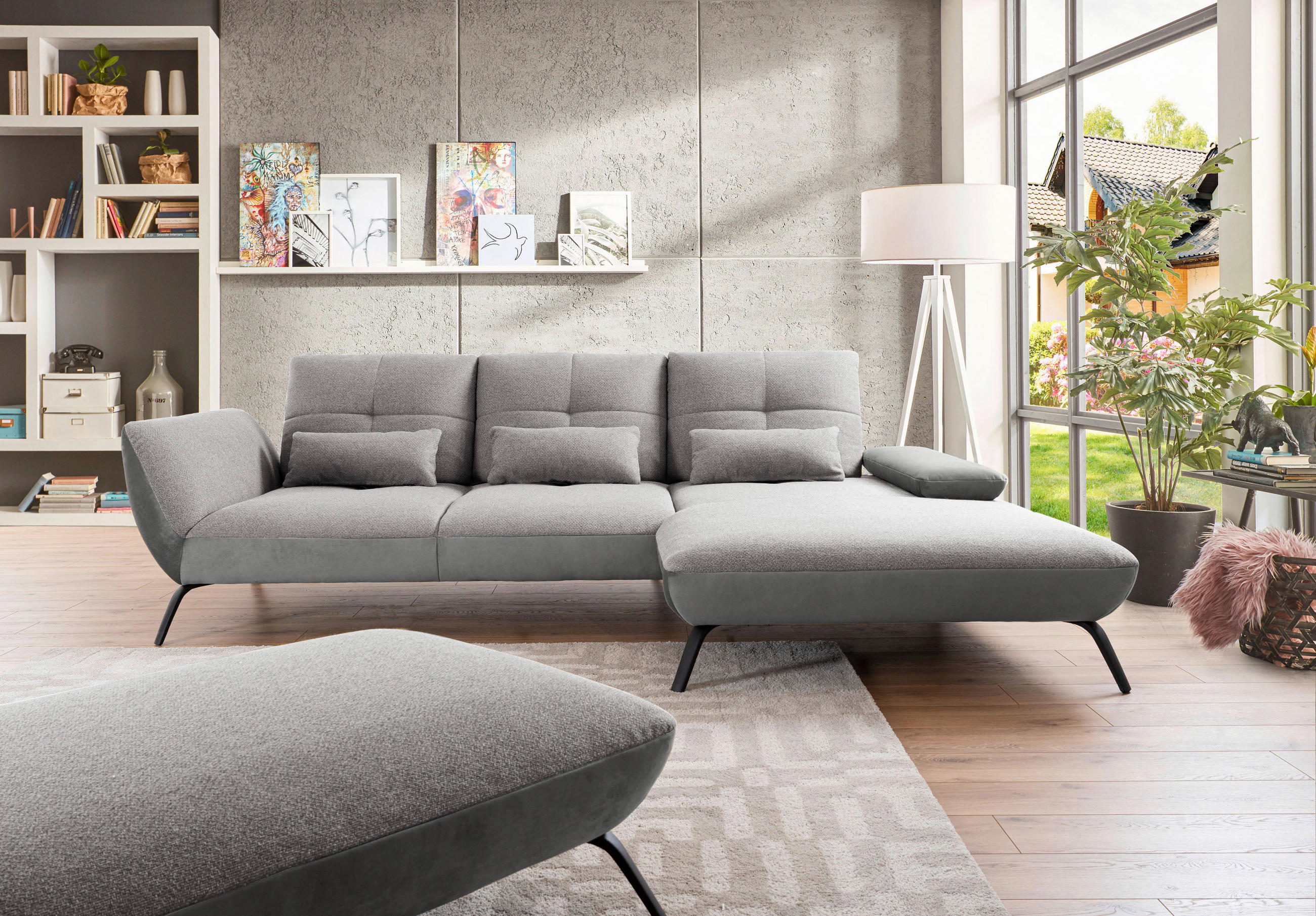 WOHNLANDSCHAFT Silberfarben, Hellgrau Flachgewebe  - Silberfarben/Hellgrau, MODERN, Textil/Metall (301/191cm) - Livetastic