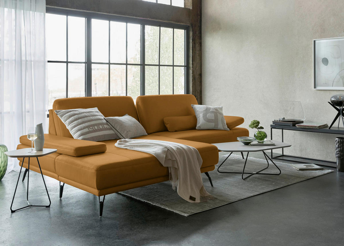 ECKSOFA Echtleder Senfgelb  - Senfgelb/Schwarz, Konventionell, Leder/Metall (180/301cm) - Joop!