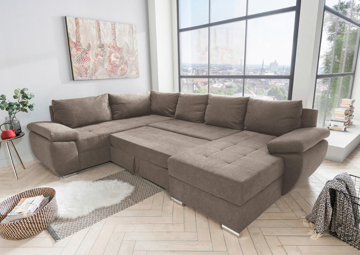 WOHNLANDSCHAFT in Mikrofaser Taupe  - Taupe/Chromfarben, Konventionell, Textil/Metall (219/305/157cm) - Livetastic