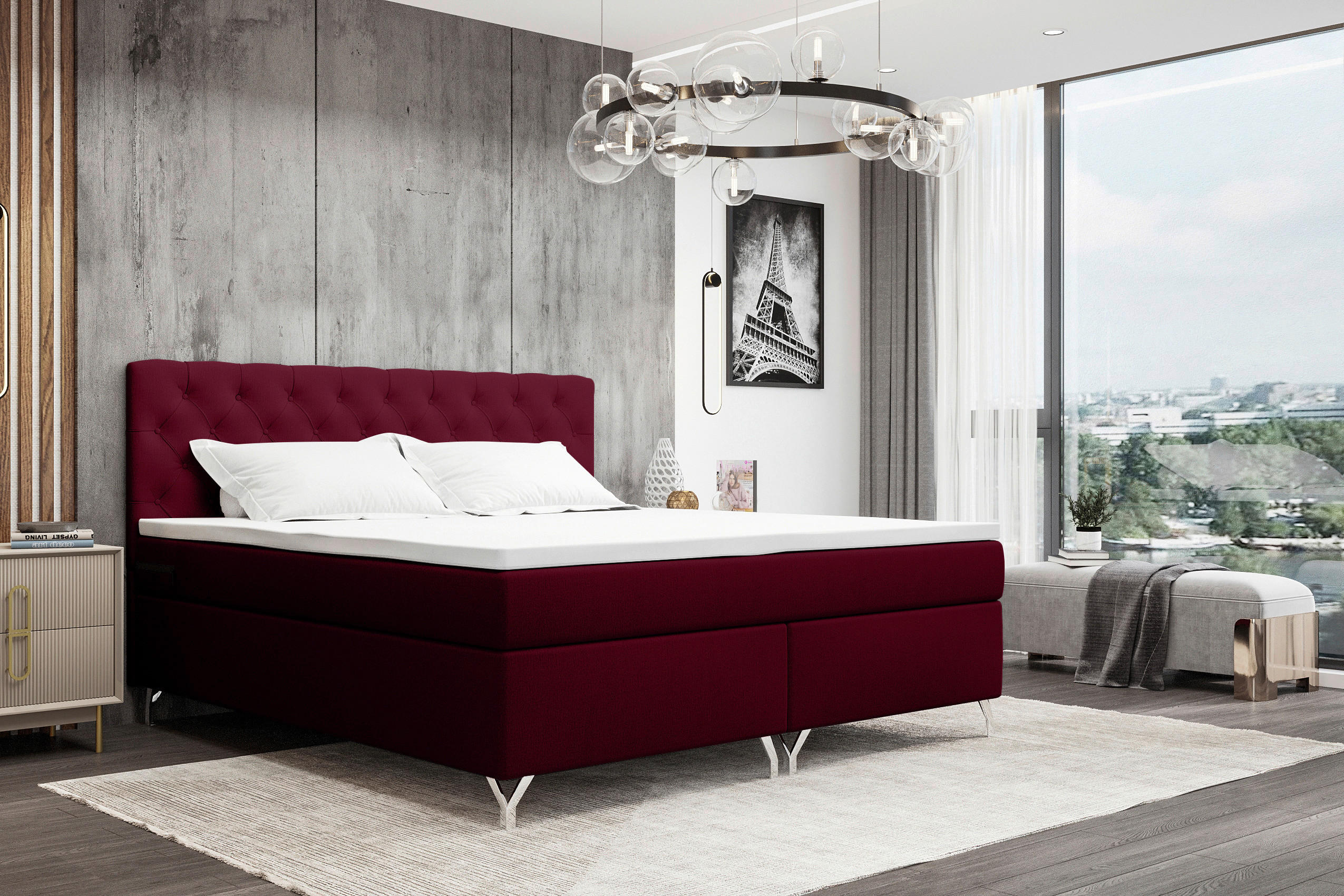 BOXSPRINGBETT 180/200 cm  in Weinrot  - Chromfarben/Weinrot, KONVENTIONELL, Textil/Metall (180/200cm) - Boxxx