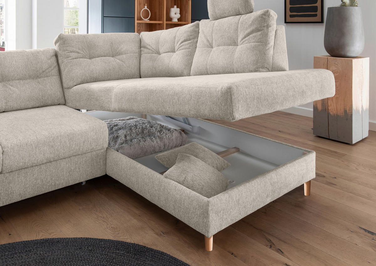 ECKSOFA in Chenille Beige  - Beige/Naturfarben, Modern, Holz/Textil (264/206cm) - Livetastic