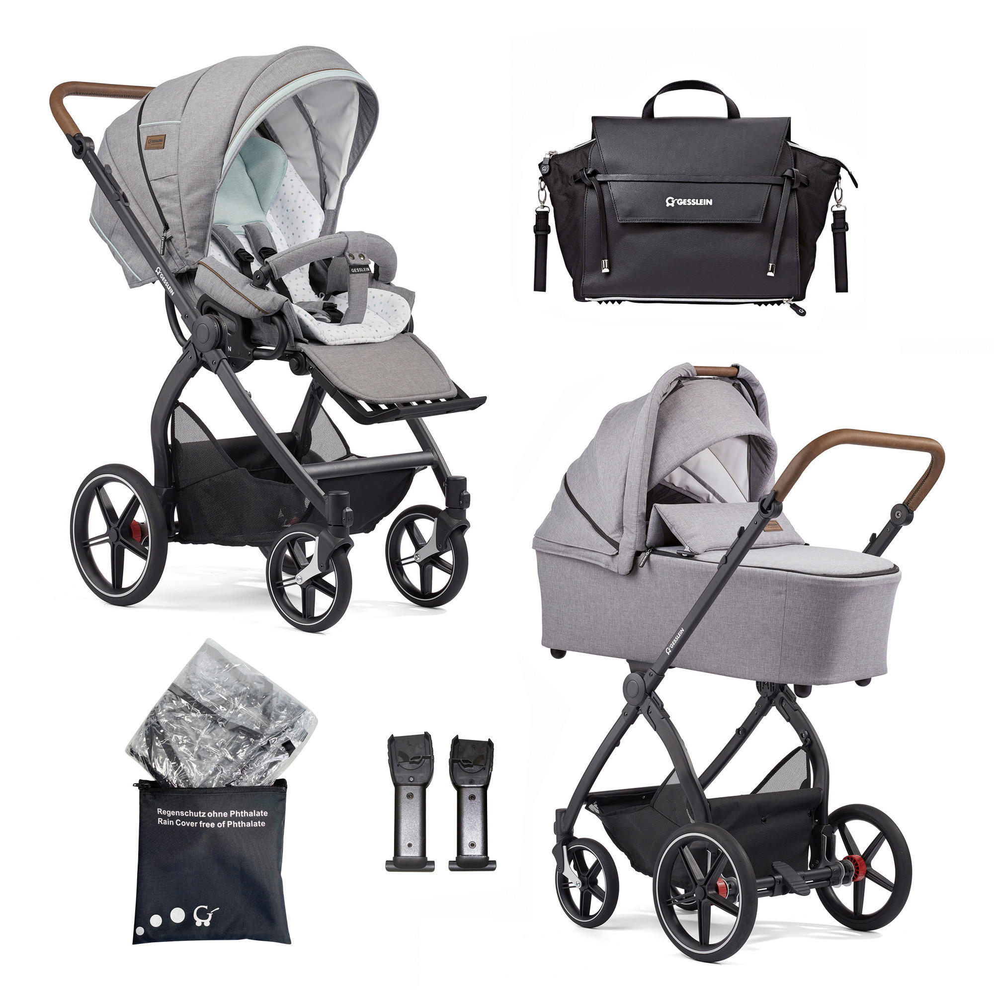 KINDERWAGENSET  FX4 Classic   - Hellgrau/Schwarz, Basics, Leder/Textil (57/129/100cm) - Gesslein