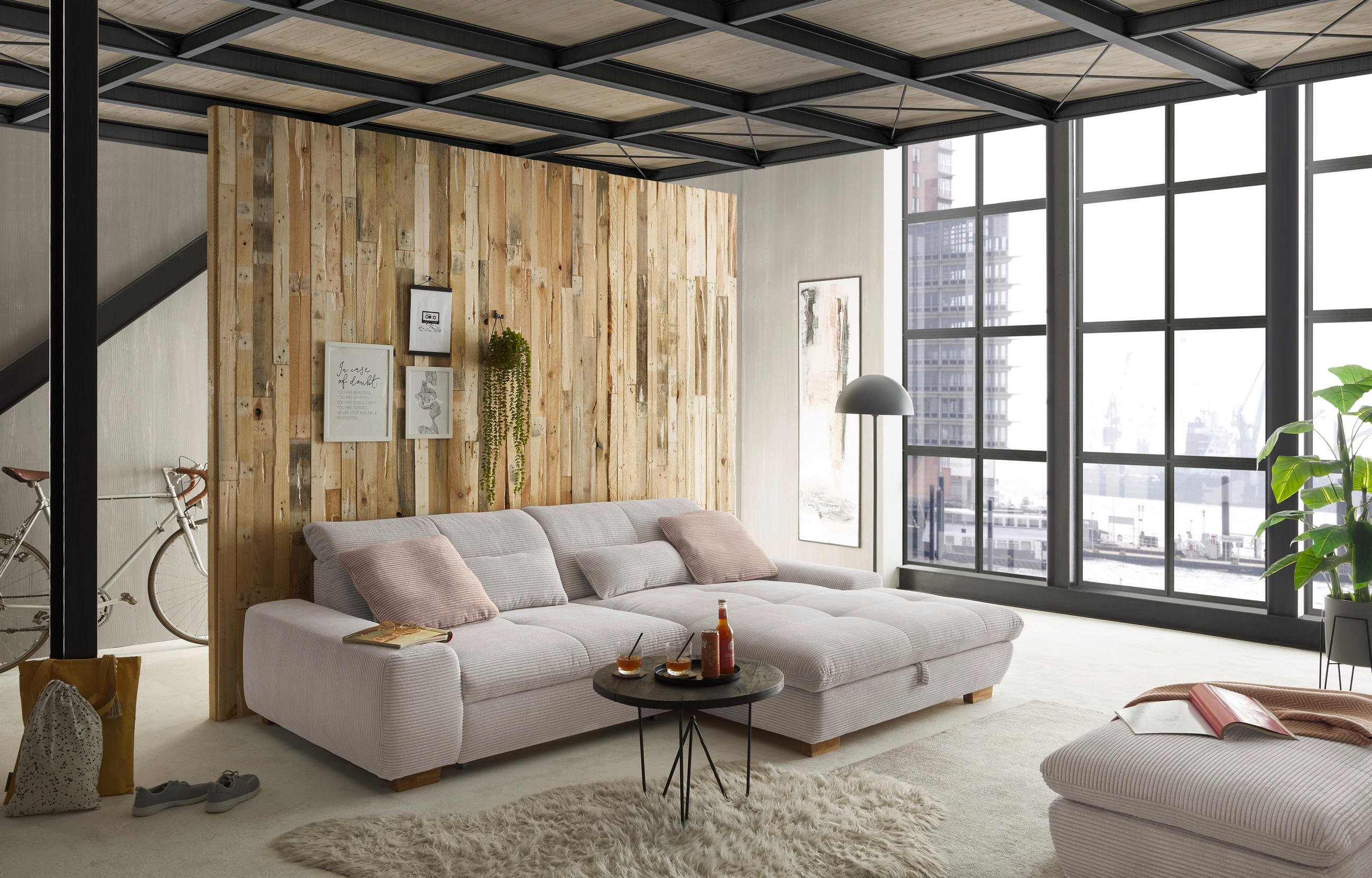 HOCKER Cord Hellgrau  - Eichefarben/Hellgrau, Design, Holz/Textil (106/43/74cm) - SetOne by Musterring