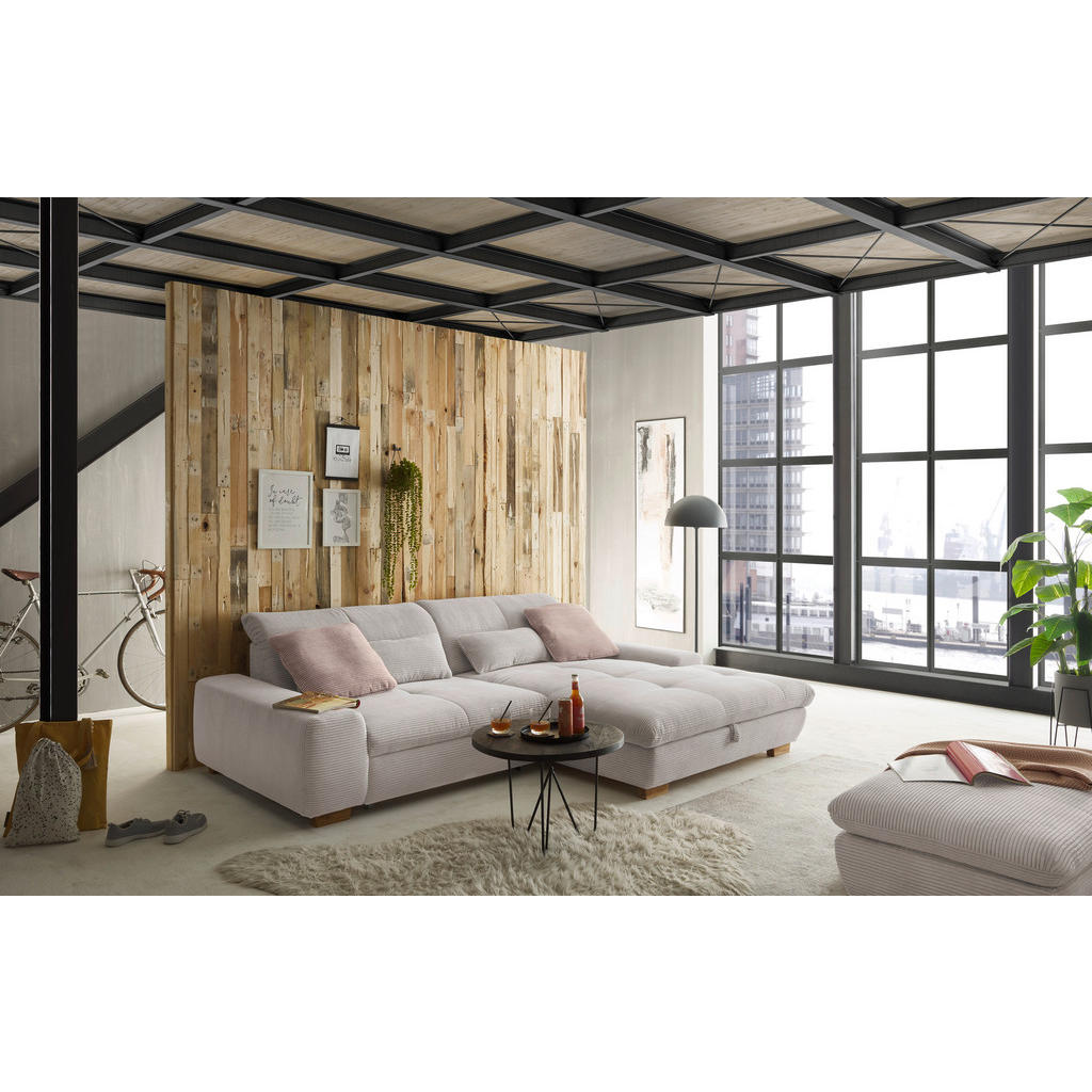 Thumbnail - SetOne by Musterring Ecksofa, Hellgrau, Textil, Eiche, massiv, 2-Sitzer, Ottomane rechts, L-Form, 276x198 cm, Bettkasten...