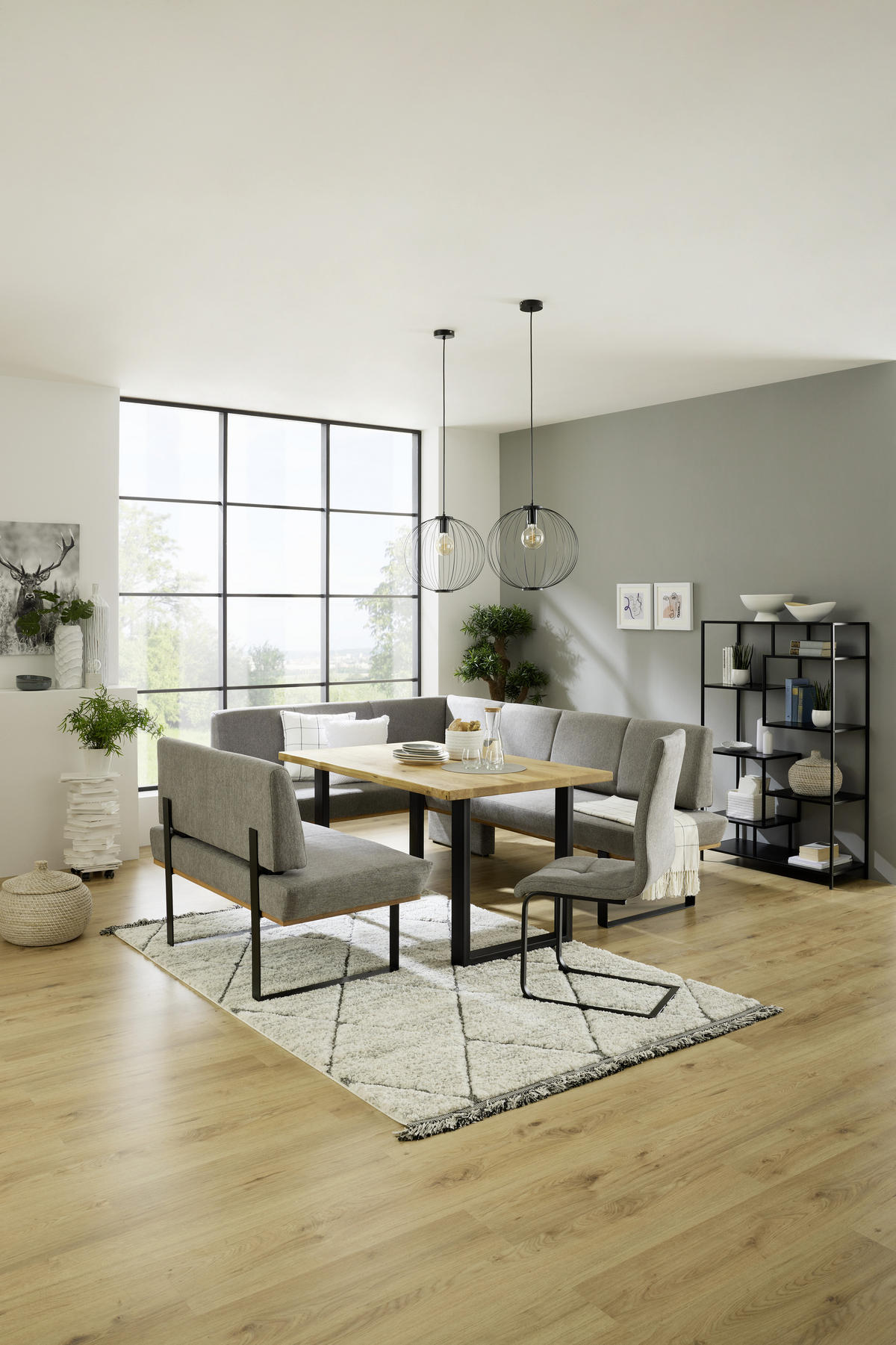 ECKBANK 175/225 cm Webstoff Grau Eiche vollmassiv   - Schwarz/Grau, MODERN, Holz/Textil (175/225cm) - Livetastic