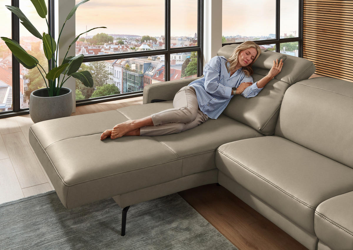 ECKSOFA 179/323 cm  in Echtleder Kaschmir Kopfteilverstellung  179/323 cm  - Kaschmir/Schwarz, Design, Leder/Metall (179/323cm) - Dieter Knoll