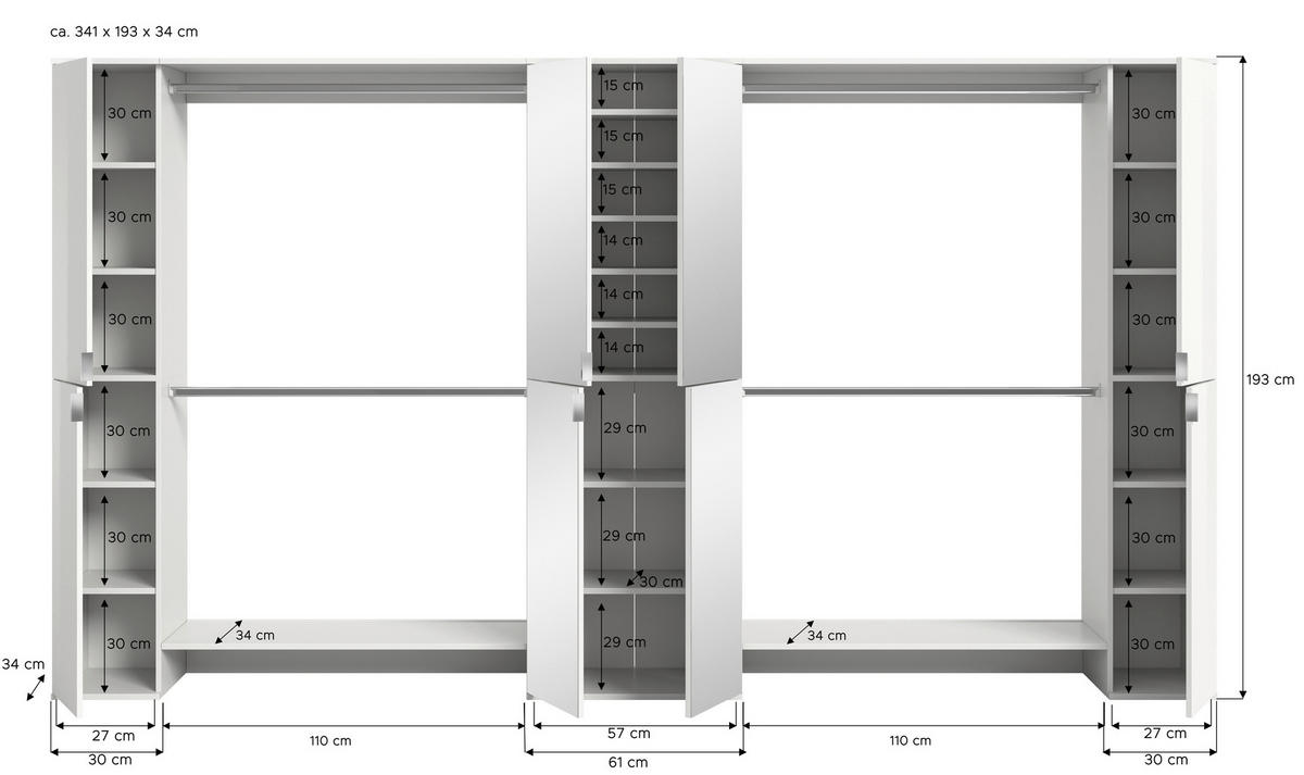 GARDEROBE 5-teilig  in 341/193/34 cm  - Weiß Hochglanz/Weiß, Design, Holzwerkstoff (341/193/34cm) - Livetastic