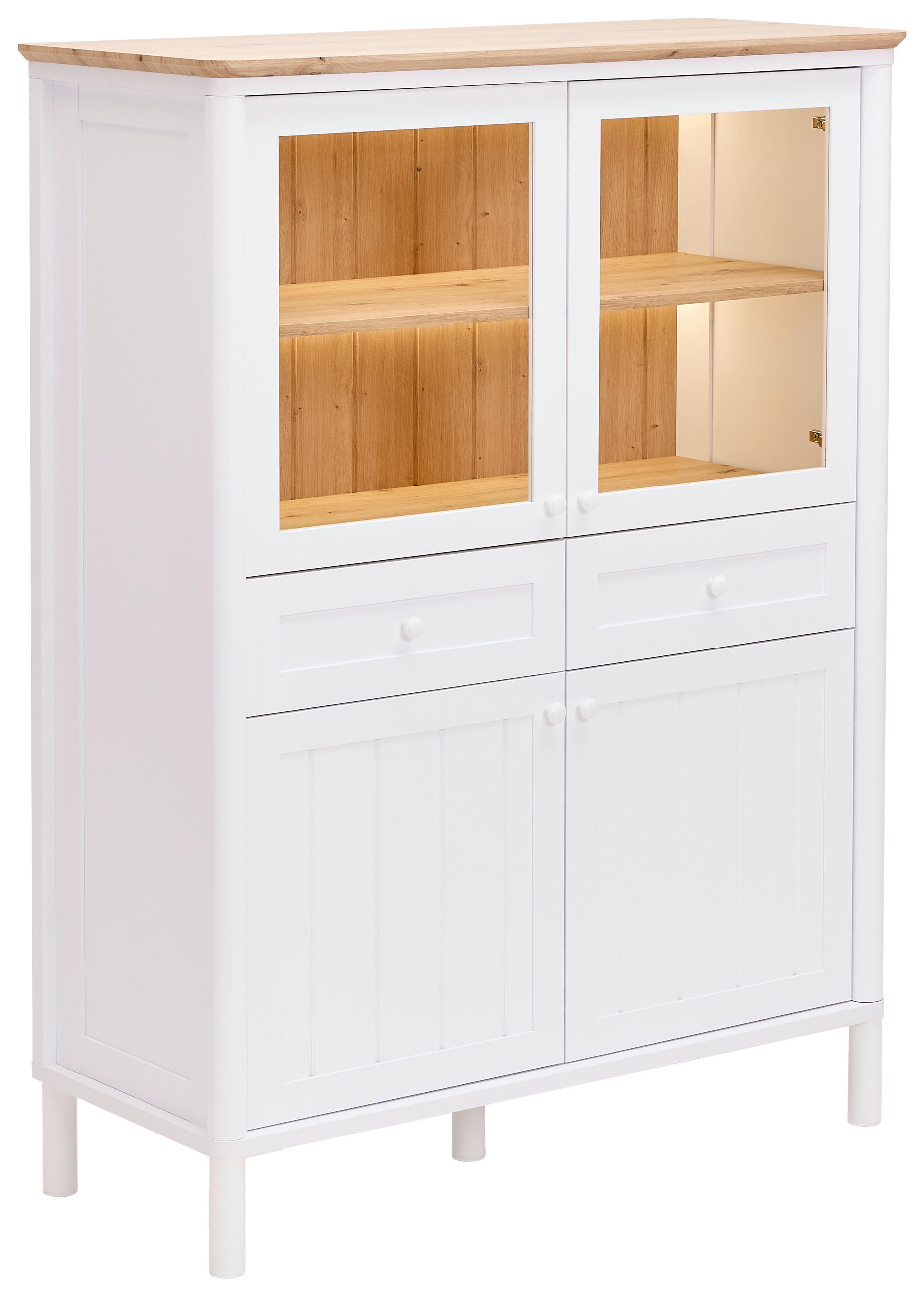 HIGHBOARD Weiss, Eiche Artisan  112,3/150/47,2 cm  - Weiss/Eiche Artisan, Romantik / Landhaus, Glas/Holzwerkstoff (112,3/150/47,2cm) - home24