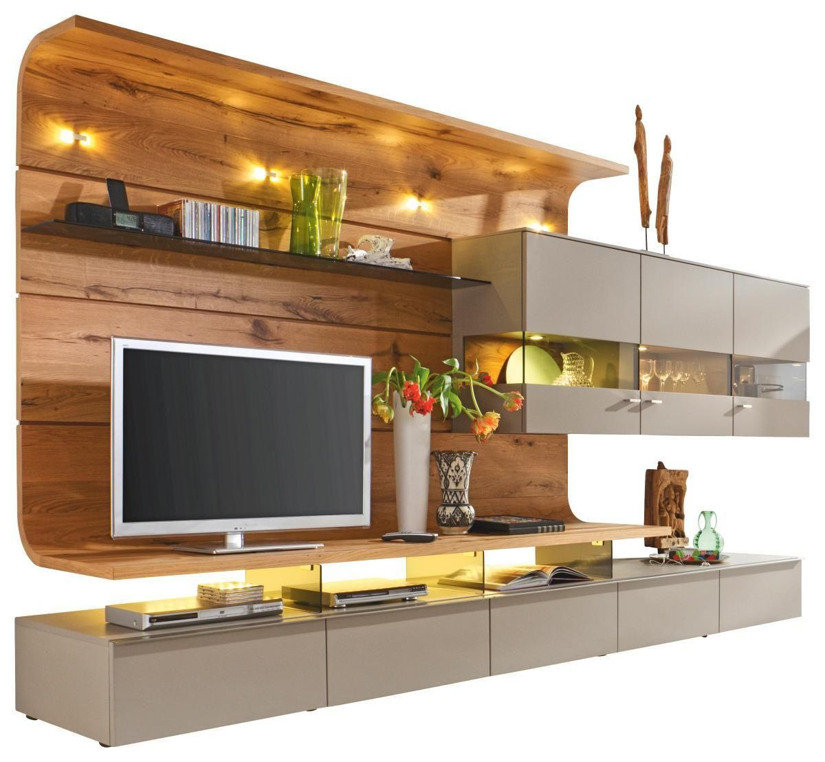 WOHNWAND Balkeneiche furniert, Hartholz Eichefarben, Fango - Fango/Edelstahlfarben, Design, Glas/Holz (357,5/186,8/55,7cm) - Moderano