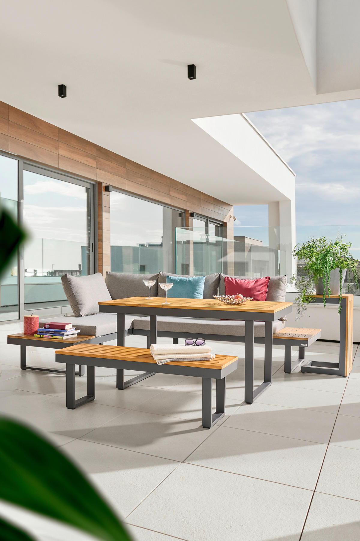 LOUNGEGARNITUR   Akazie massiv Aluminium  - Anthrazit/Hellgrau, Design, Holz/Textil - Amatio