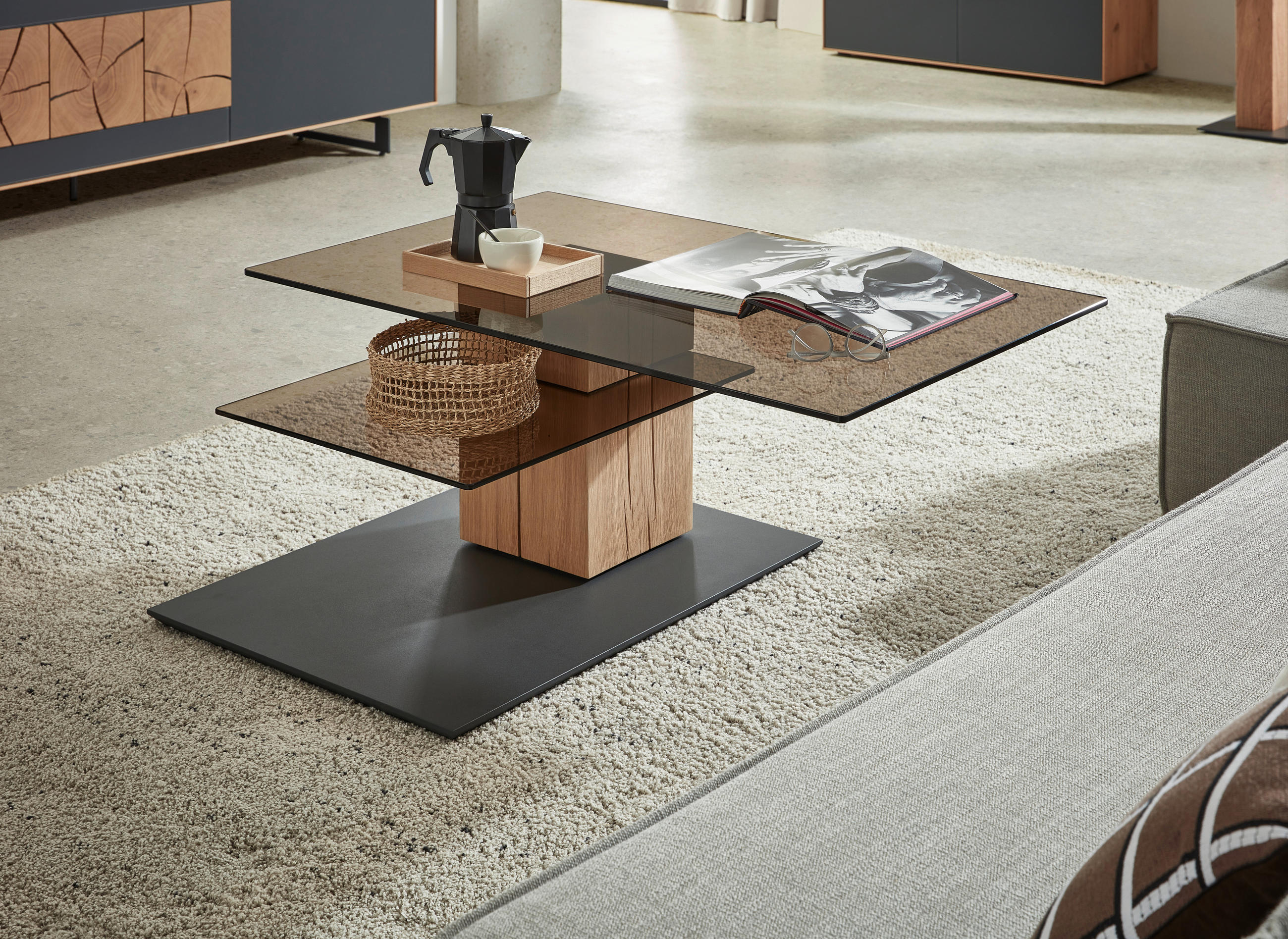 COUCHTISCH in Holz, Glas 105/70/45 cm  - Eichefarben/Anthrazit, Design, Glas/Holz (105/70/45cm) - Valnatura
