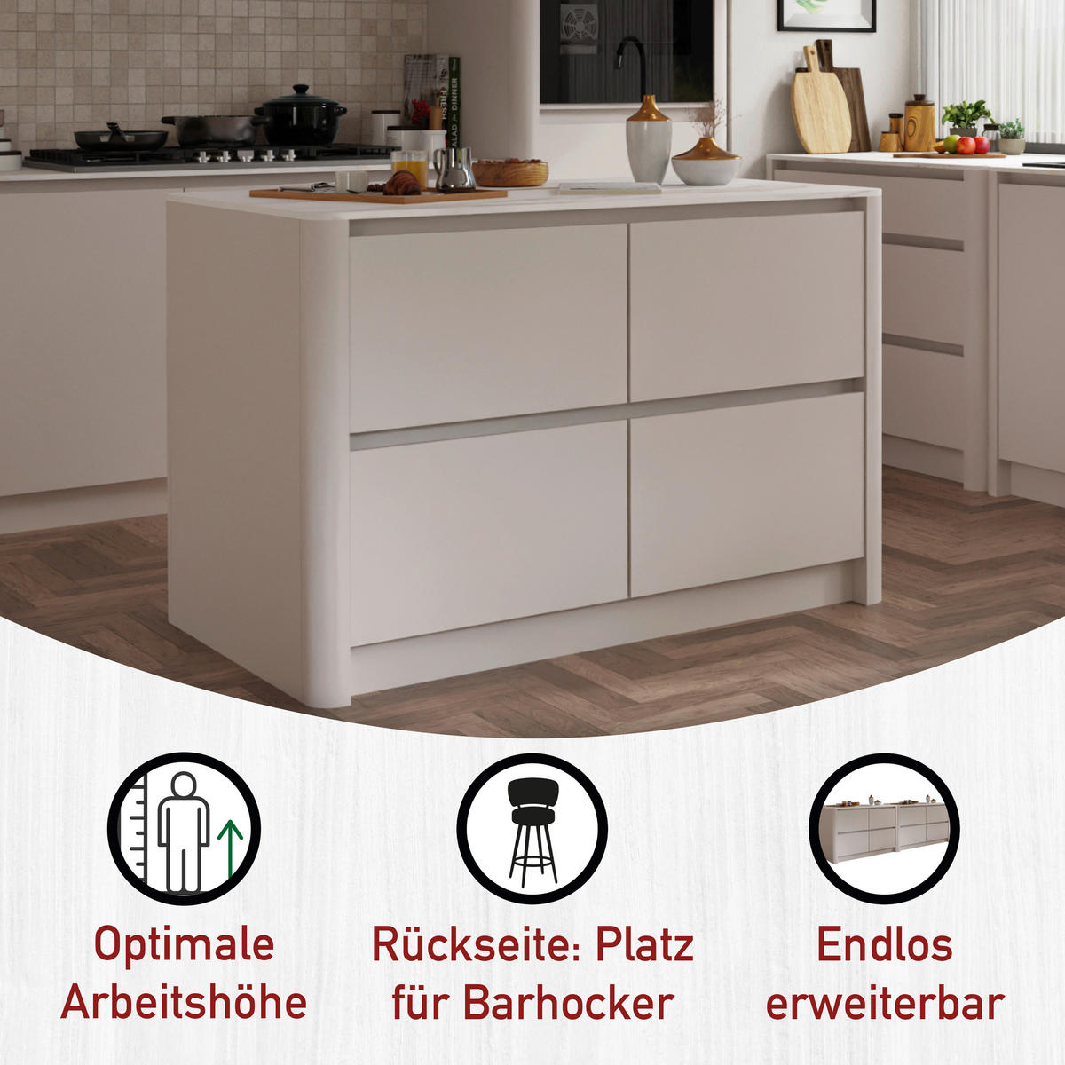 KÜCHENINSEL 129,60/91,9/80 cm  in Weiß, Kaschmir  - Kaschmir/Weiß, MODERN, Holzwerkstoff (129,60/91,9/80cm) - home24